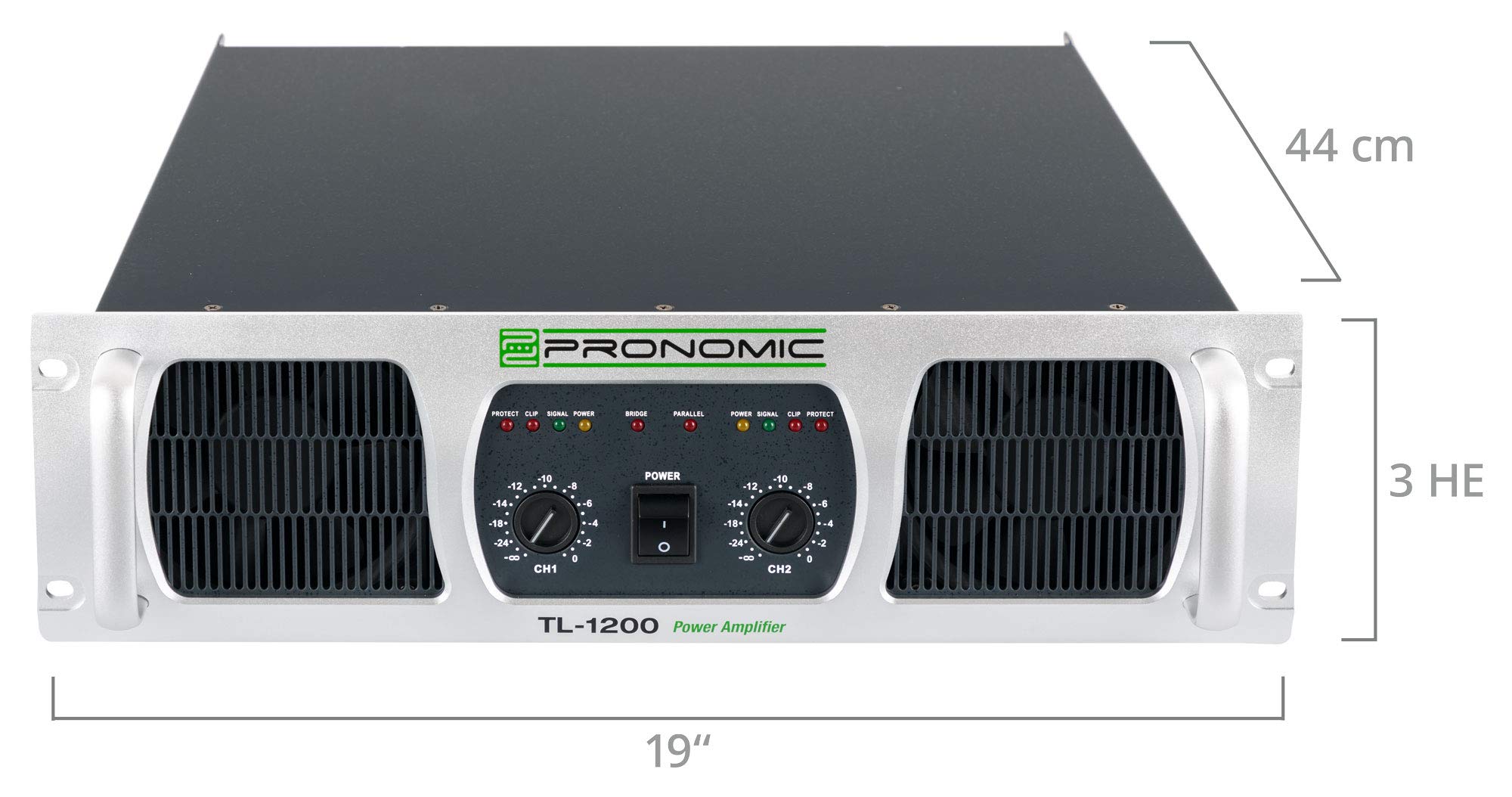 Pronomic TL-1200 Amplificador Estéreo 2x2400W a 2O, ventilador térmico, modos paralelo/estéreo/puente, protección y salida Clase H.