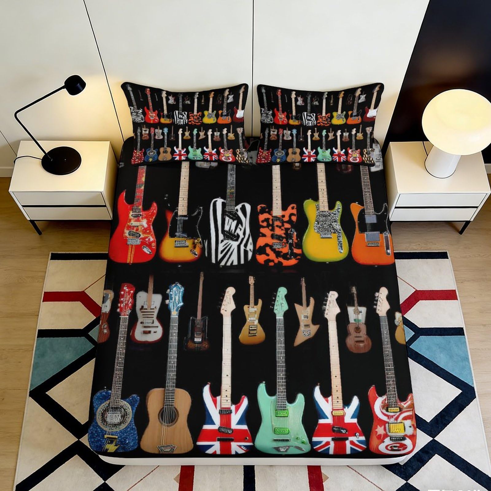 3D Printed Electric Guitar Pattern Fitted Sheet Microfiber Soft Breathable Rock Music Bed Cover for Bedroom Dormitory Guest Room Mattress Protection 200x200x25cm