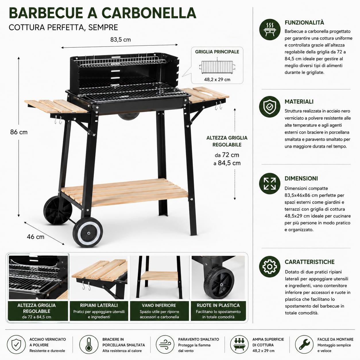 Barbecue A Carbonella In Acciaio Nero Con Ripiani Laterali E Ruote Griglia 48,5x29 Cm Altezza Regolabile Paravento Braciere Smaltato Per Giardino Terrazzo