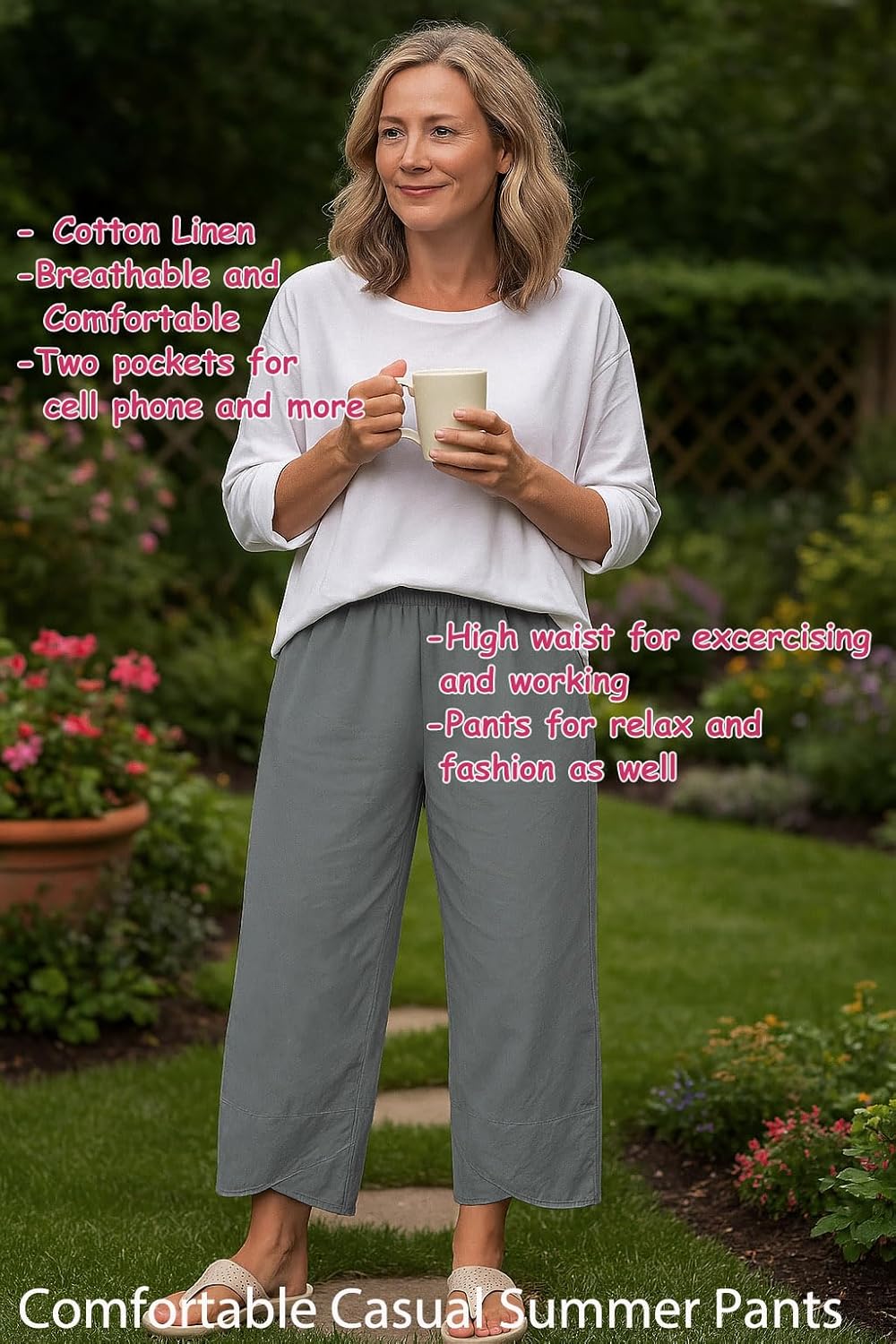 Unlimit Women Capri with Pockets, Summer Casual Pants, Beach Comfy Crop Pants, Cotton - Image 5