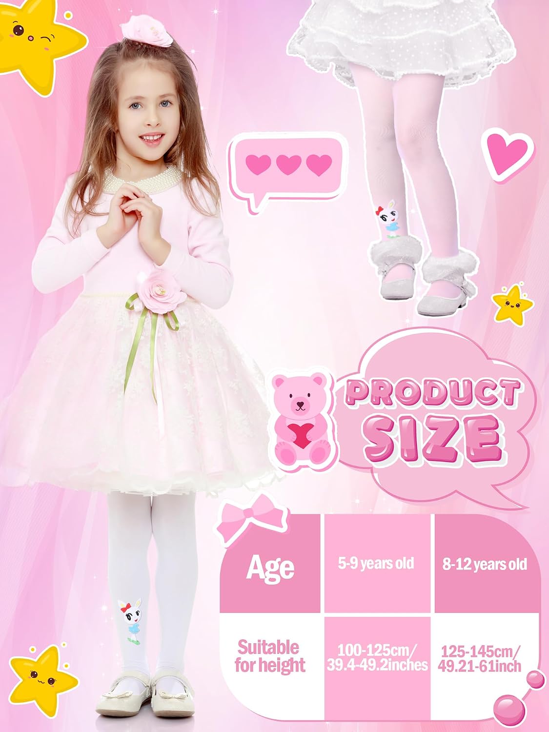 Fourluoo 4 Pairs Girls Dance Tights Pattern Leggings Fleece Lined Pantyhose Microfiber Stockings for Girls