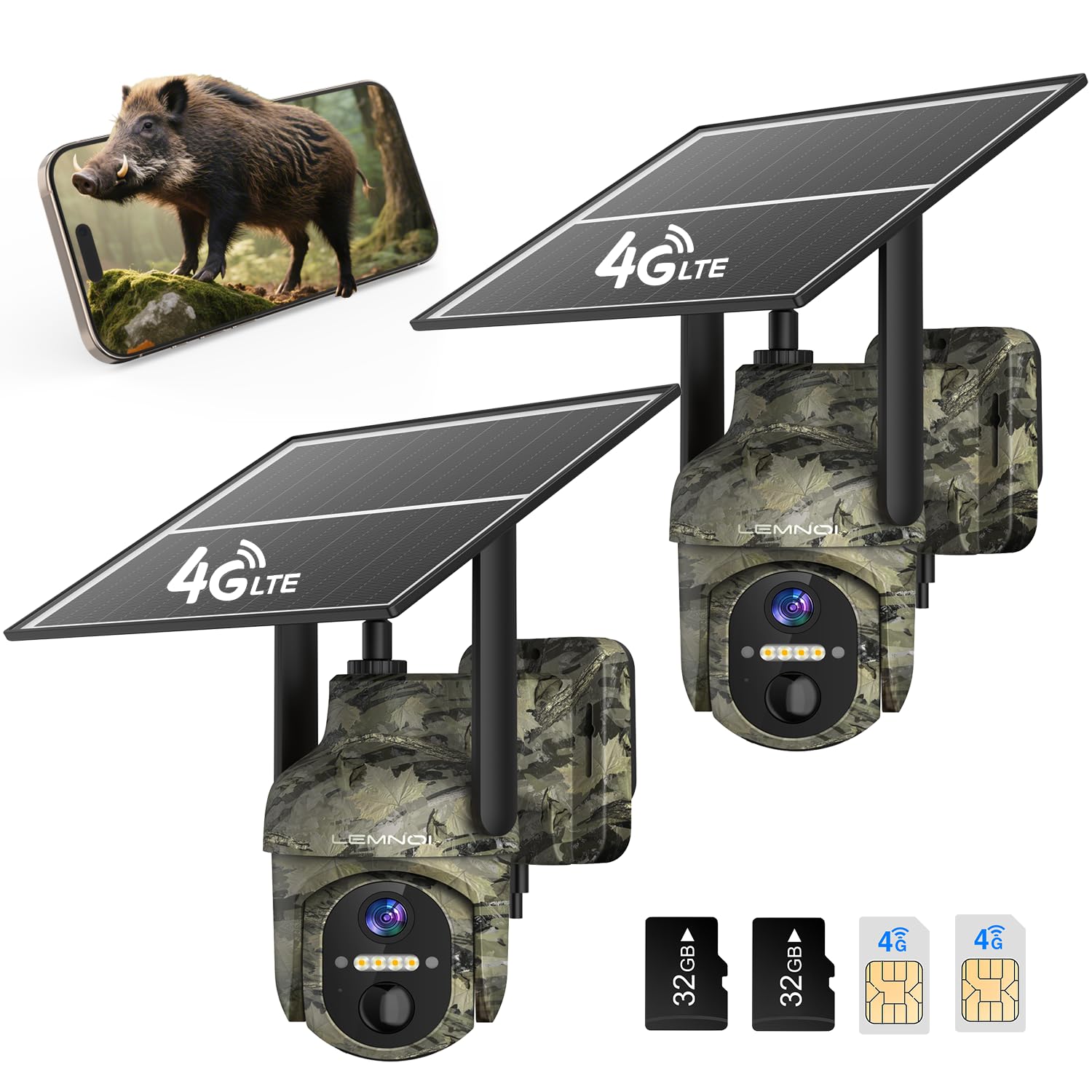 LEMNOI Camara Vigilancia 4G Exterior Solar con Tarjeta SIM Preinstalado sin WiFi, 4G Cámara con 2K Visión Nocturna, Detección de Movimiento, PTZ 360°, Audio Bidireccional, IP66 Impermeable (2 Piezas)
