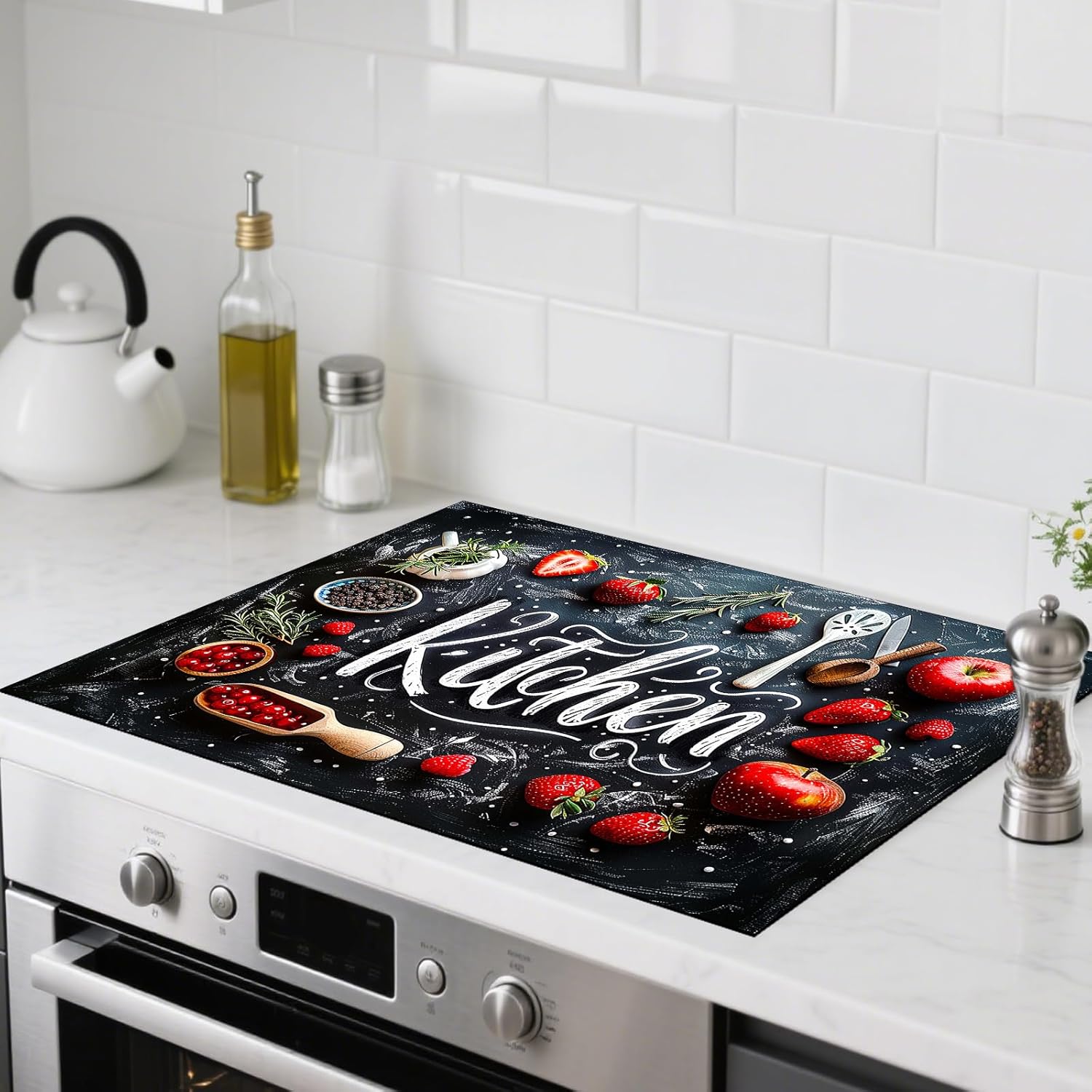 Nuxovilar Stove Top Cover for Electric Stove, 20x28 Inch Polyester Glass Cooktop Protector with Chalkboard Style Strawberry Kitchen Utensil Design,for Kitchen Decor