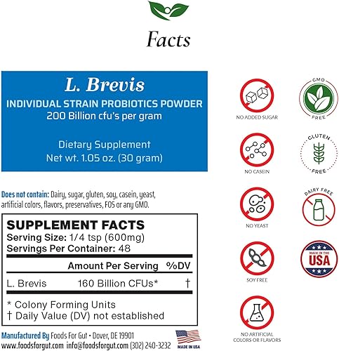 Miniatura 2 de Foods For Gut Lactobacillus Brevis Probiotic Powder 200 mil millones de ufc  Fabricado en Estados Unidos  Sin aditivos  Apoyo digestivo e