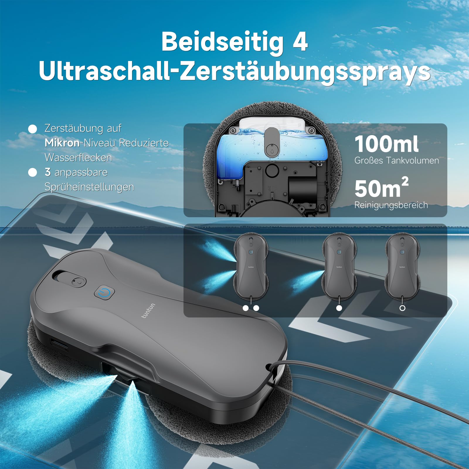 tuntun W12pro Fensterputzroboter,4-Wege-Doppeldüsensystem,5300Pa Elektrischer Fensterputzer,Intelligente Wegplanung,Integrierte Aufbewahrungsbox,Für Glatte Oberflächen geeignet