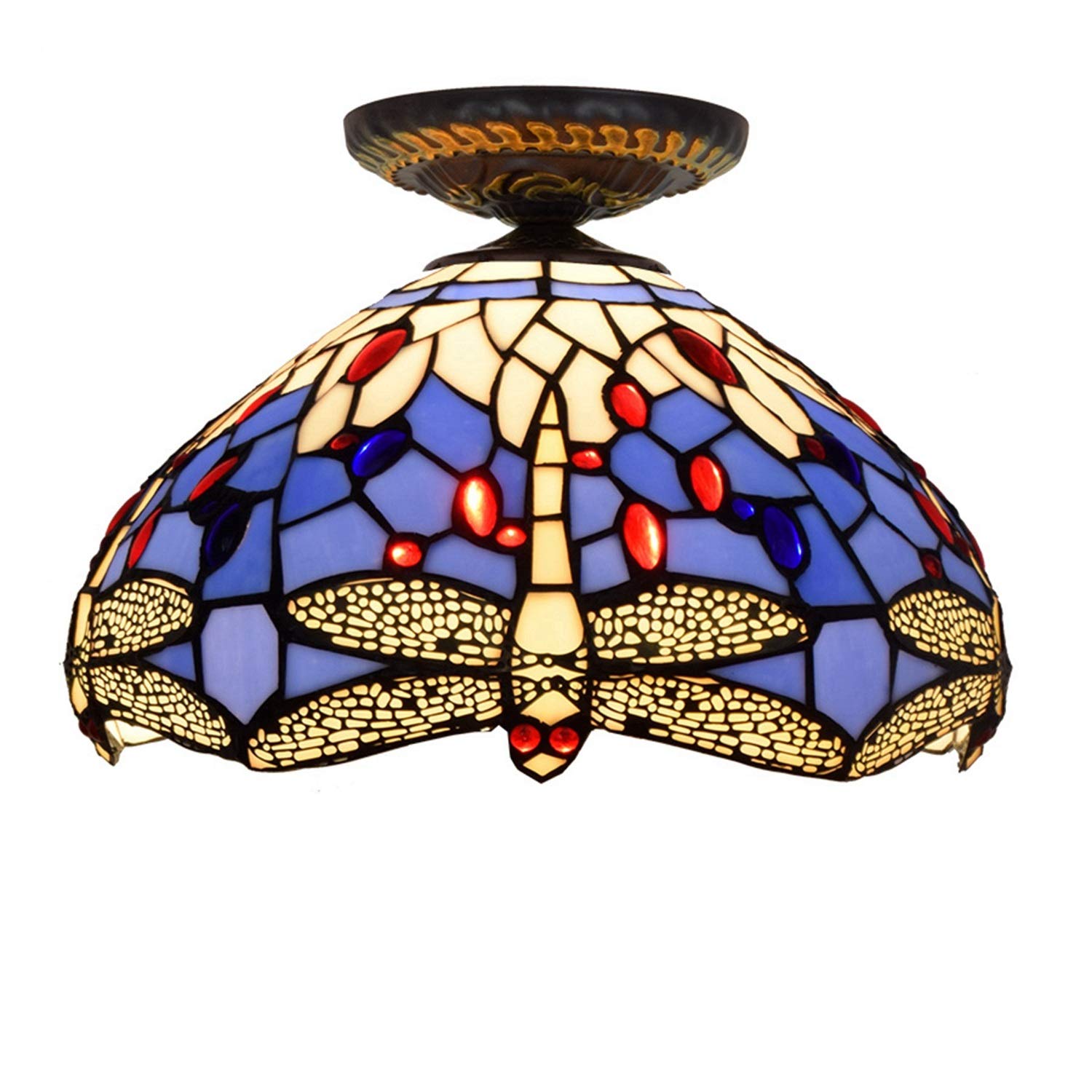 HPTHLY Stained Glass Ceiling Lighting 12" Ceiling Lights Tiffany Style Dragonfly Glass Shade For Living Ceiling Lamp