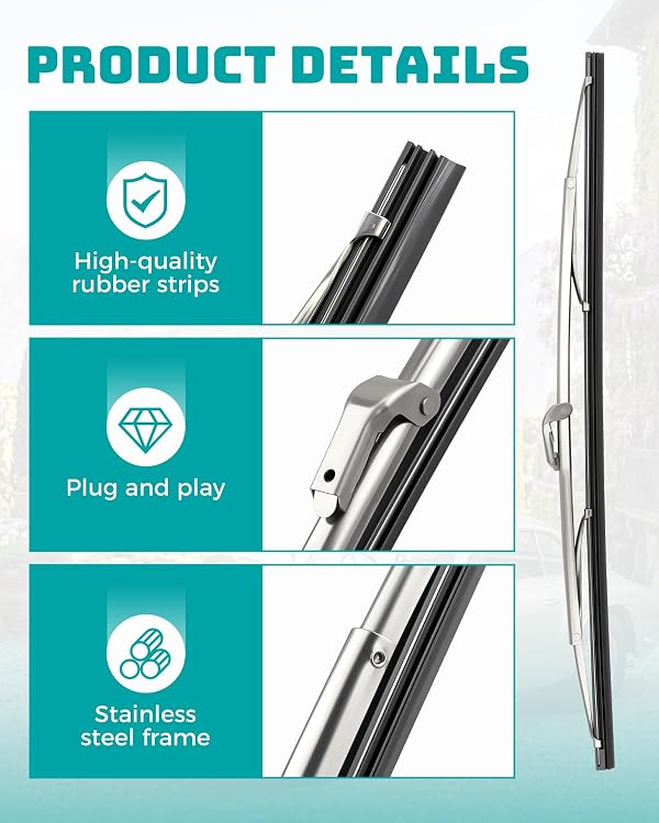 16" and 16" Classic Silver Wiper Blades (set of 2) 7mm Bayonet Wiper Arm Width Fit for Classic Cars Boat Polished Stainless Steel Bayonet Type Wiper Blades by JUQAFY - Used condition - Image 3