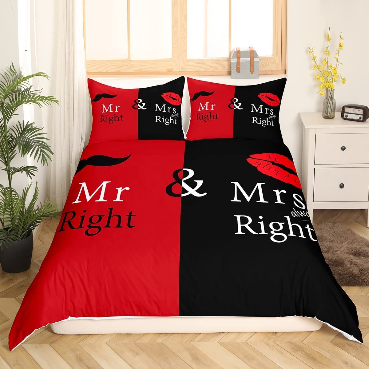 Loussiesd Mr Mrs Bedding Set Black Red Creative Duvet Cover Set Love Man Mustache Woman Lip Romance Bedding & Linen Funny White Quote for Lover Couple Valentine Day Home BedQuilt Cover King - Image 3