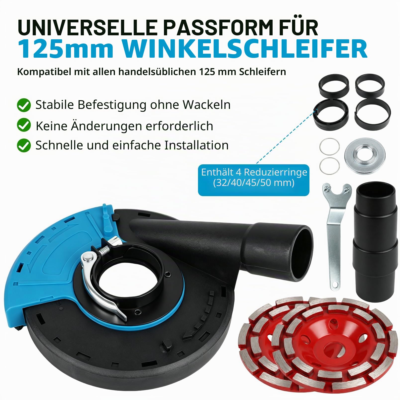 125/150 mm Diamant-Schleiftopf Set mit Absaughaube, Winkelschleifer Schleifscheiben Grob & Fein, Beton Schleifen Set mit Staubabsaugung, Adapter, Schlüssel & Zubehör für Stein, Fliesen, Beton