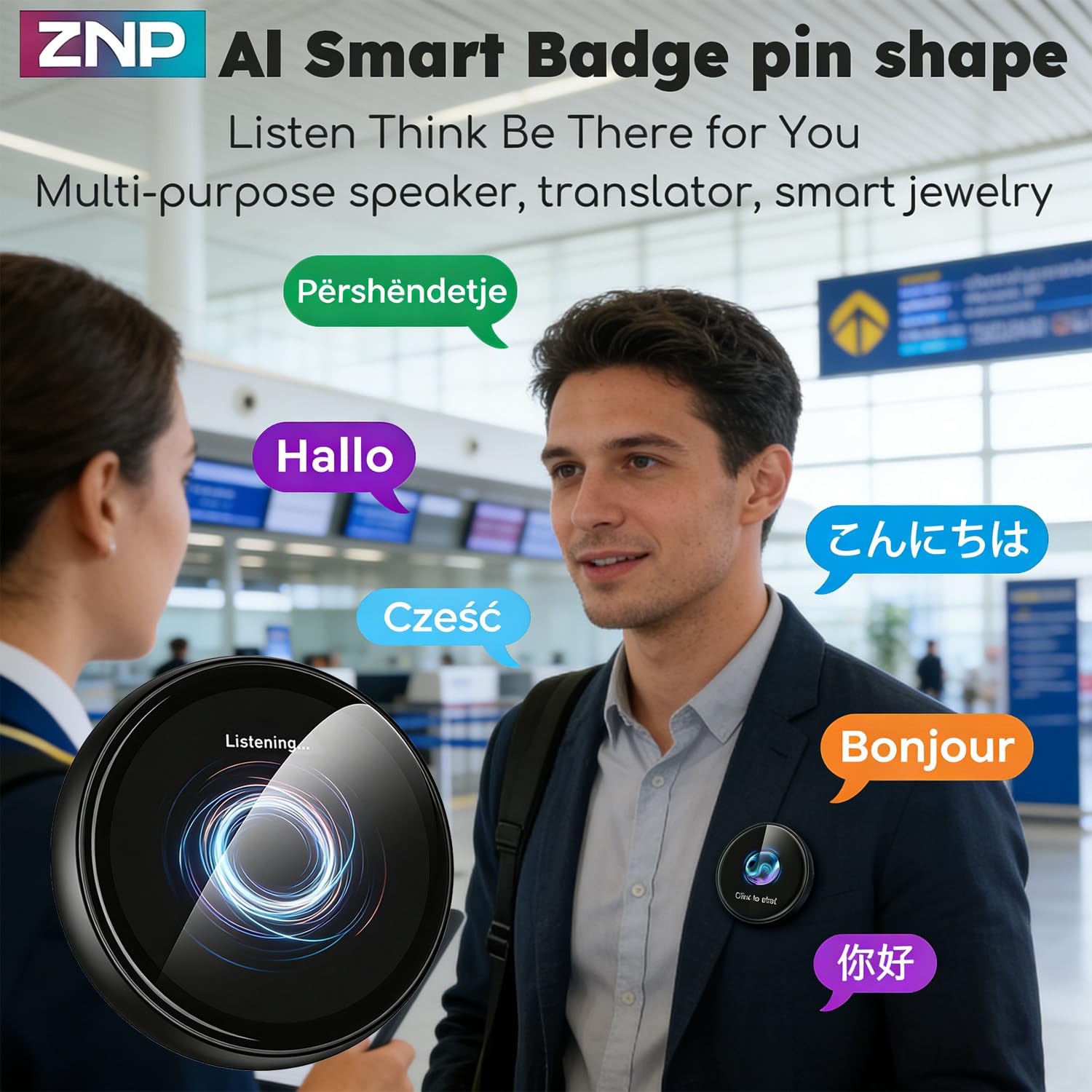 AI Badge Traduttore Simultaneo Vocale con 60 lingue in tempo reale, Smart E-Badge portatile con schermo LCD HD, Bluetooth 6.0, traduttore vocale per viaggi, affari