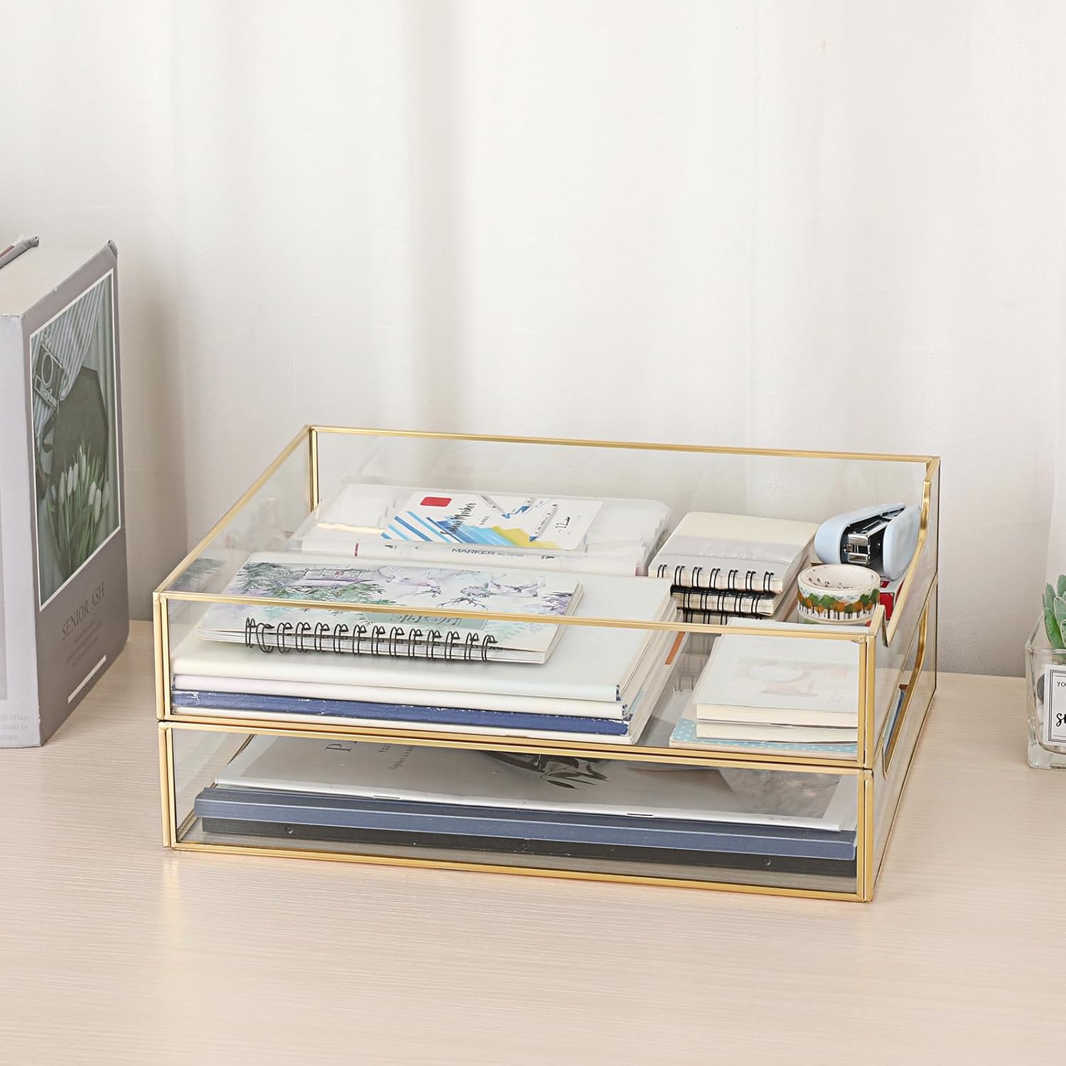 BTSKY 2 Pack Golden Glass Desk Tray, Multi-Purpose Organizer for A4 Paper, Documents, Desk Supplies, Makeup, Clear File Tray with Metal Frame, Stackable Decorative Storage for Home Office Vanity
