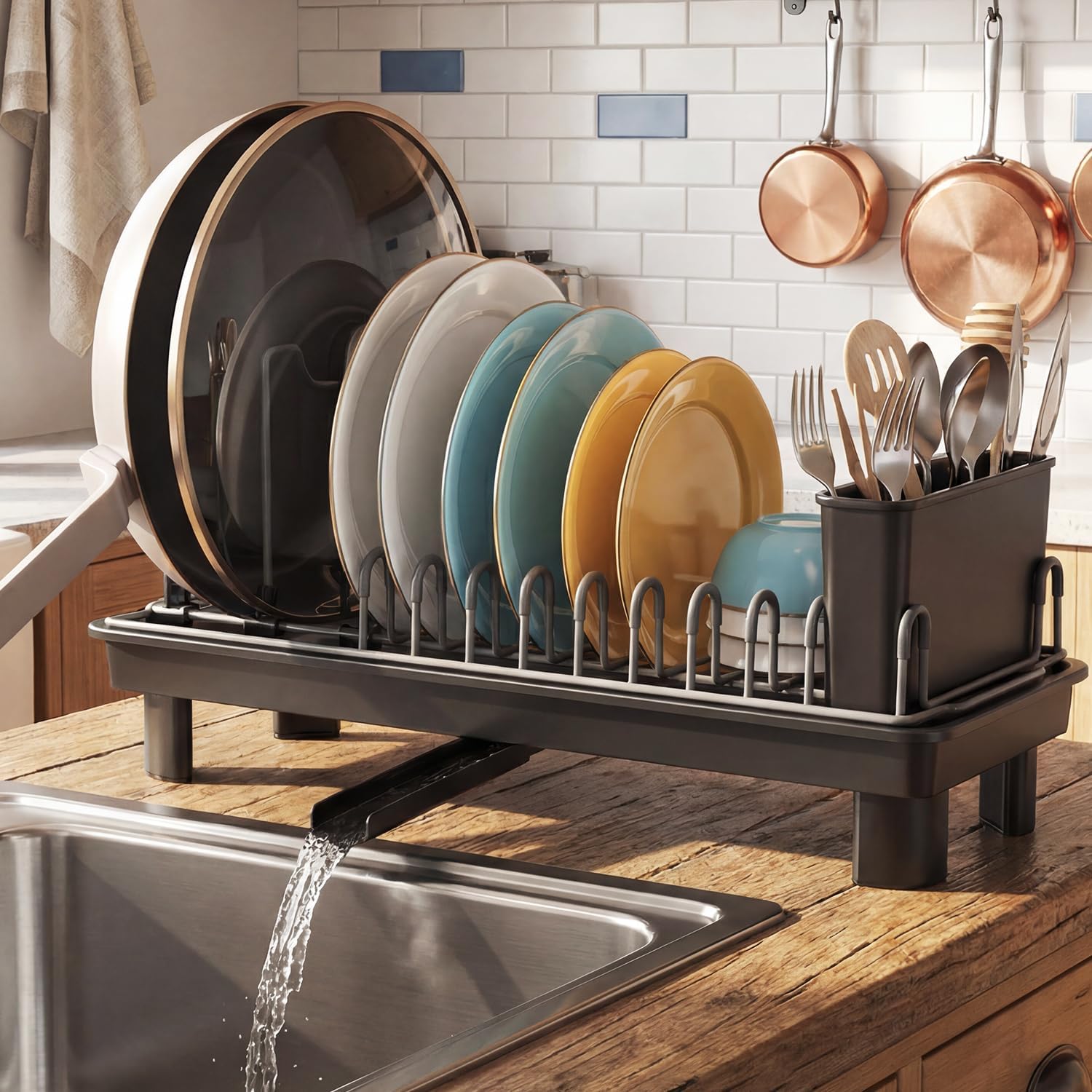 Small Dish Drying Rack Carbon Steel Dish Rack Rustproof for Kitchen Counter Compact Dish Drainer with Adjustable Slots for Small Kitchens & Apartments 16.5×6.5×7inch Black
