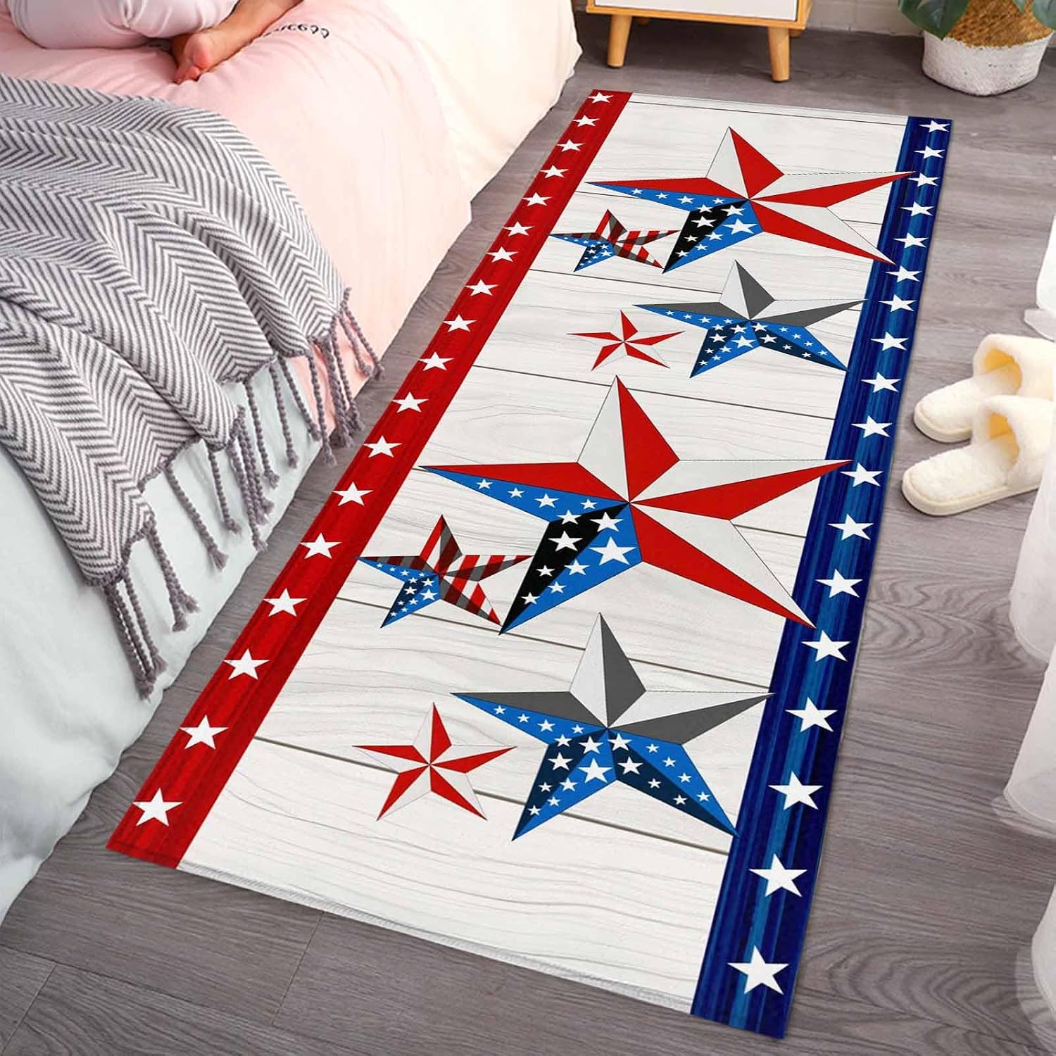 Teamery Kitchen Mats for Floor American Flag Star on Wood Board Washable Non Slip Kitchen Rugs 1PCS, Independence Day Absorbent Standing Mats for Sink Bathroom Office Living Room 15.7x47.2in