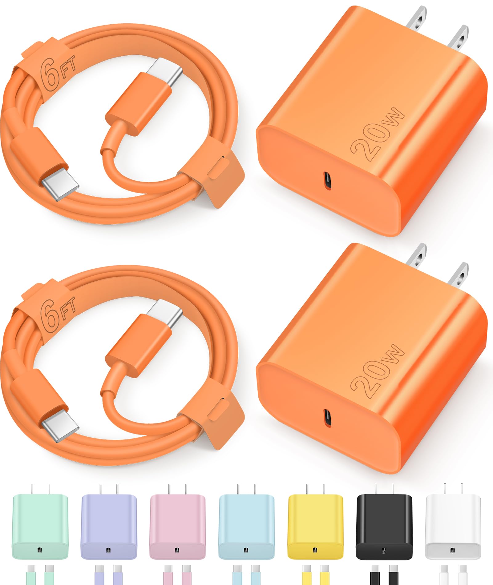 iPhone 17 16 15 Charger Fast Charging Type C Chargers USB C Charger Block | for iPhones, iPads,Tablets, Android phones,20W iPhone Charger USB-C Power Adapter,with Long 6FT USB C Charging Cables(Orange)