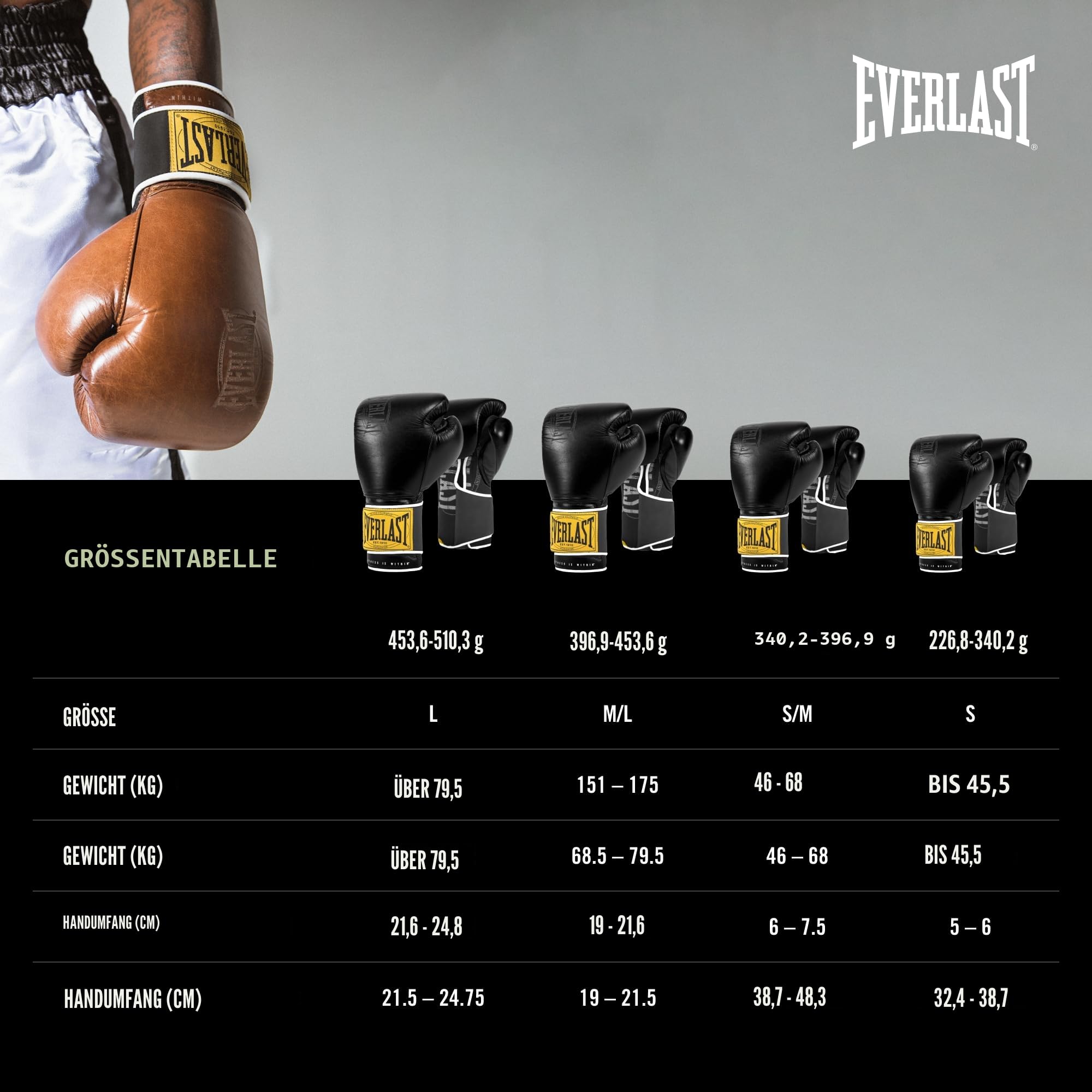 Everlast 1910 Classic Trainings-Boxhandschuhe aus Leder, für Sandsack & Pratzen, Klettverschluss, dreifache Polsterung, ergonomischer Griff – Original Everlast