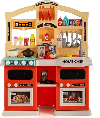 HONEY JOY Juego de cocina para niños, cocina grande de plástico con luces y sonidos realistas, música, función de agua corriente y vapor, 69