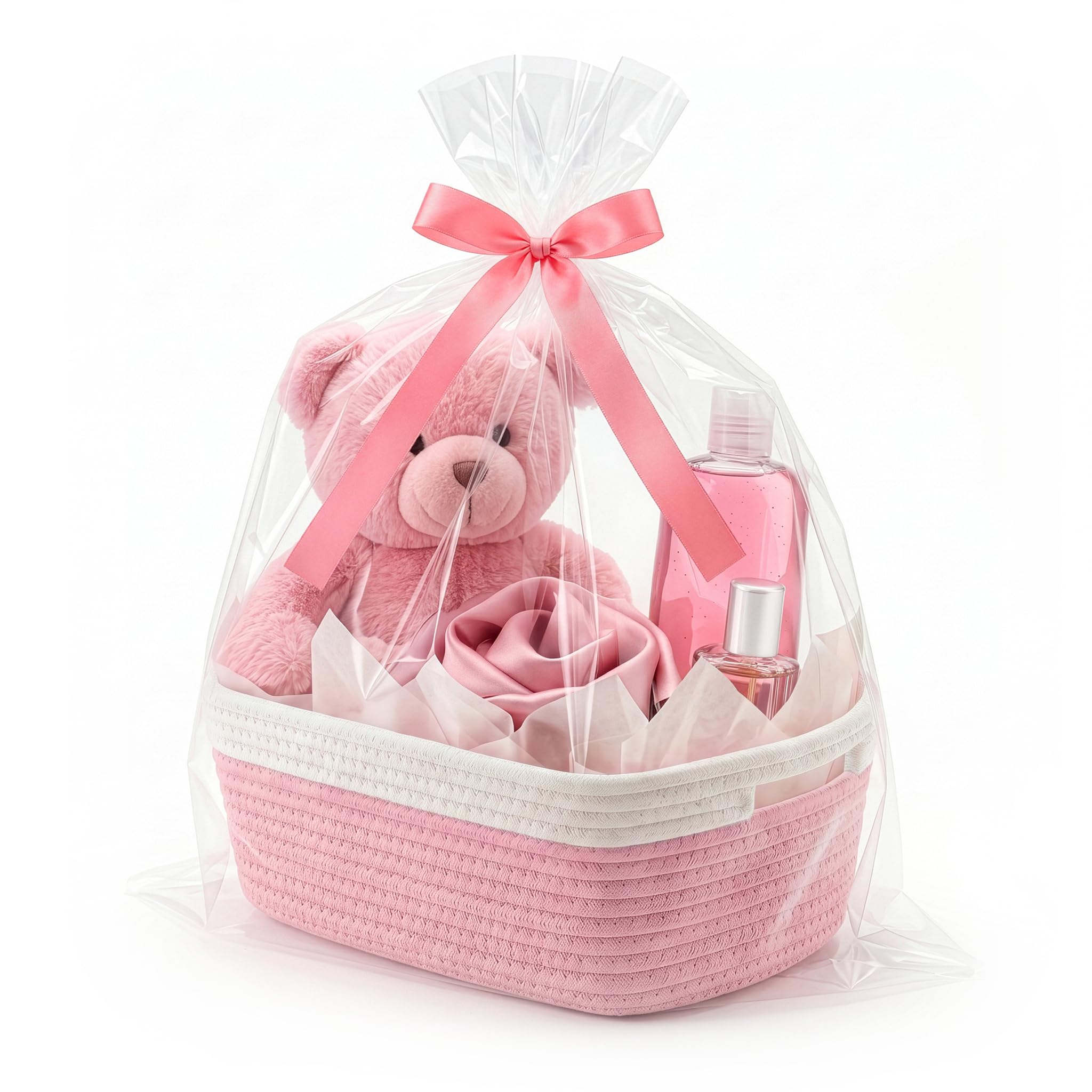 VIRETH HAUS Small Woven Basket with Gift Bag, Ribbon, Wrap Tissue Papers – Empty Gift Baskets to Fill for Valentines, Baby Shower, Easter, Christmas Day, Decorative Storage Bins for Toys
