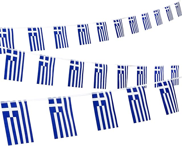 Whaline 32.8Ft Greece National Flag Bunting 38Pcs Blue Greece Rectangular Flag Bunting Banner Greek Flag String Bunting for National Day Parades Decorations Sports Events Home Celebration Party