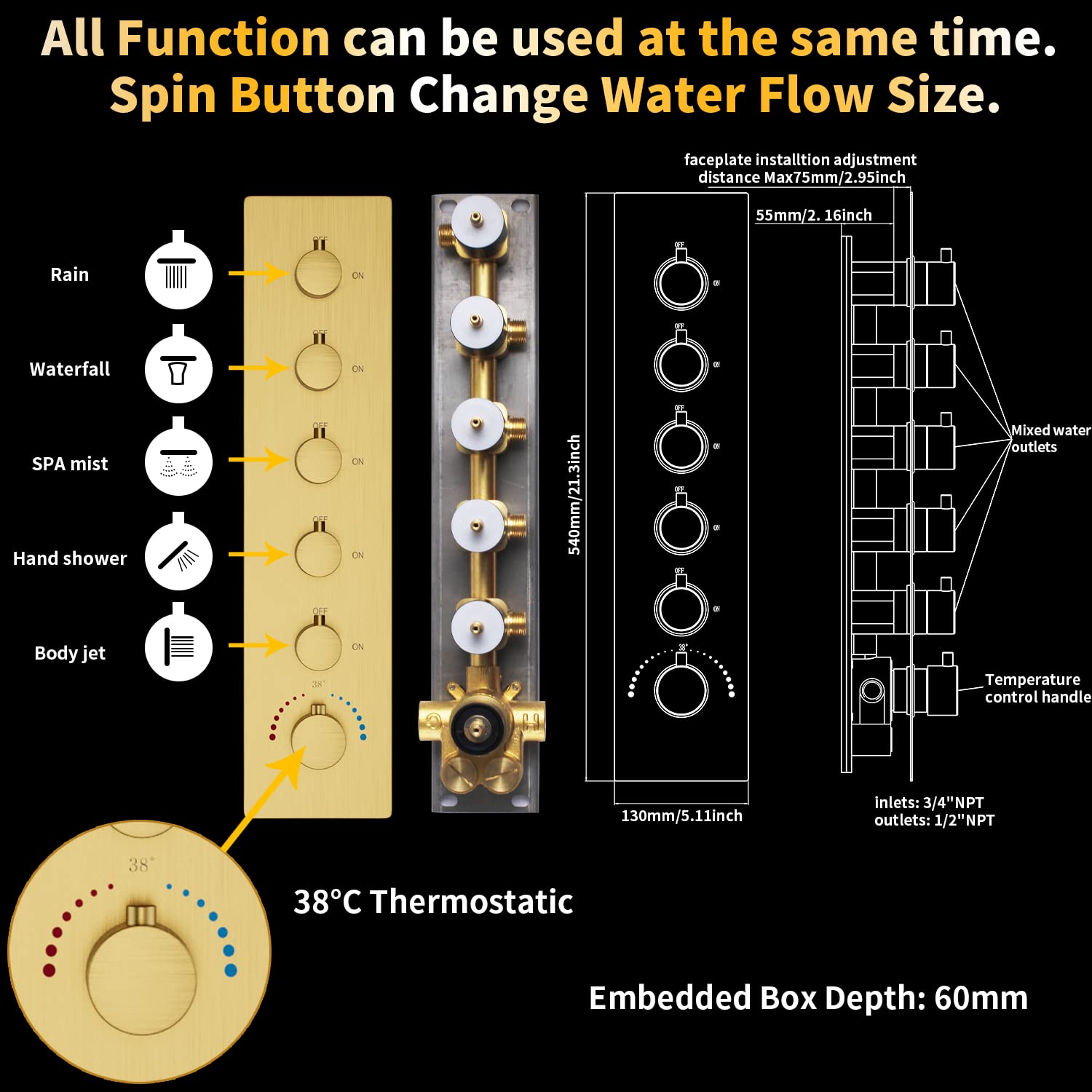 AYIVG Brushed Gold Full Body Shower System 3 In 1 Multi Function Waterfall Rainfall Ceiling 16 X 24 Inch Shower Head Brass 5 Way Thermostatic Shower Faucet with Handheld 6 Body Jets