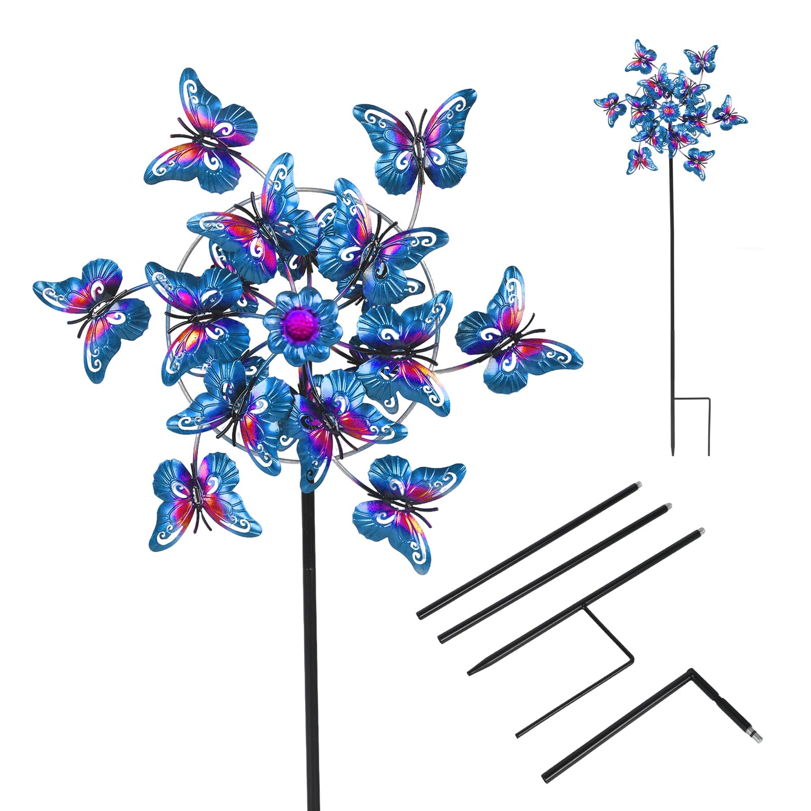Girandola a vento con farfalla per esterni, scultura da giardino, mulino a vento cinetico in metallo con palo a terra, decorazione artistica per cortile, prato, patio, balcone (blu + viola)