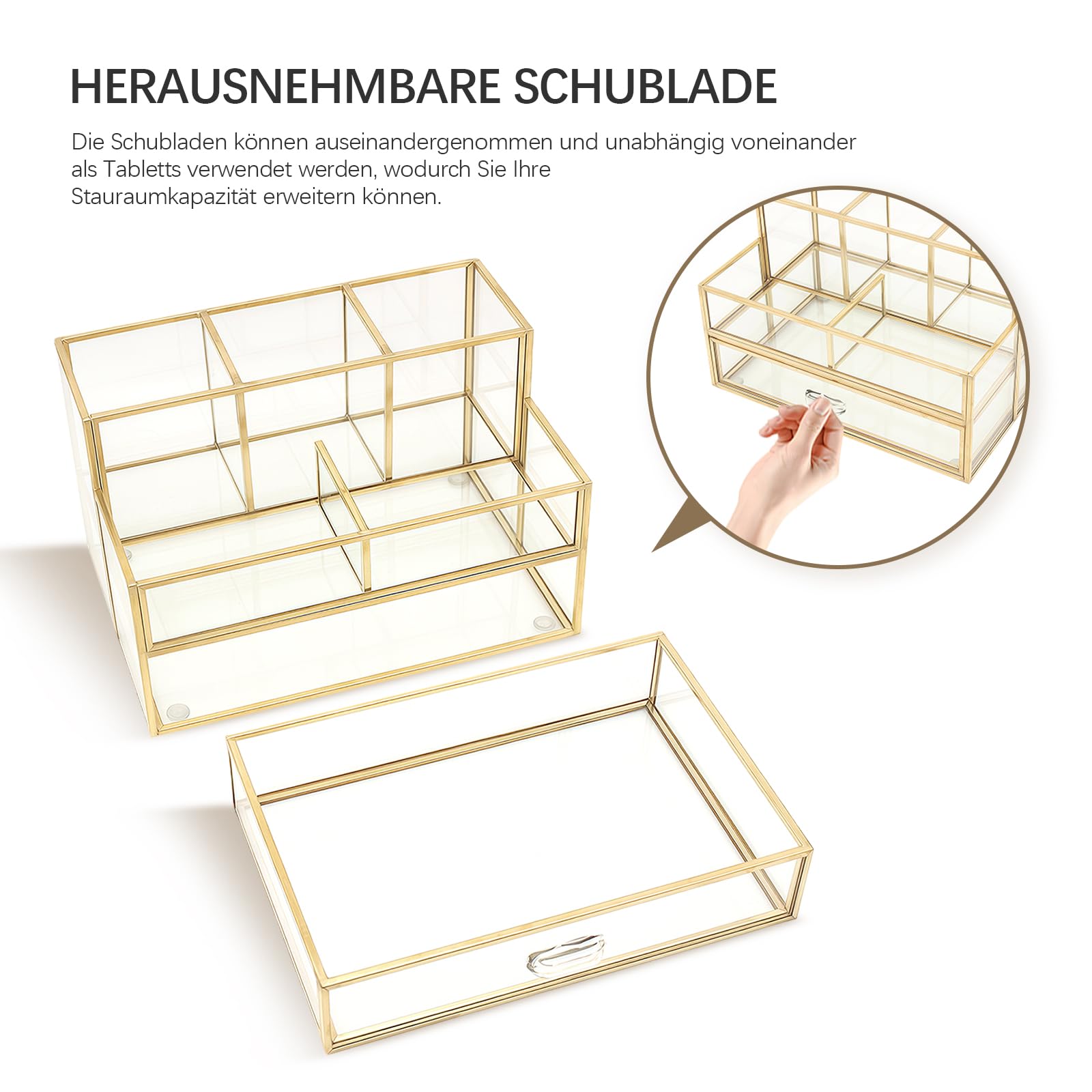 HARLIANGXY Kosmetik Organizer mit Schubladen, Make up Organizer Gold, Make up Pinselhalter Glas, Beauty Organizer, Schminke Behälter, Cosmetic Organizer, Schmink Aufbewahrung Box