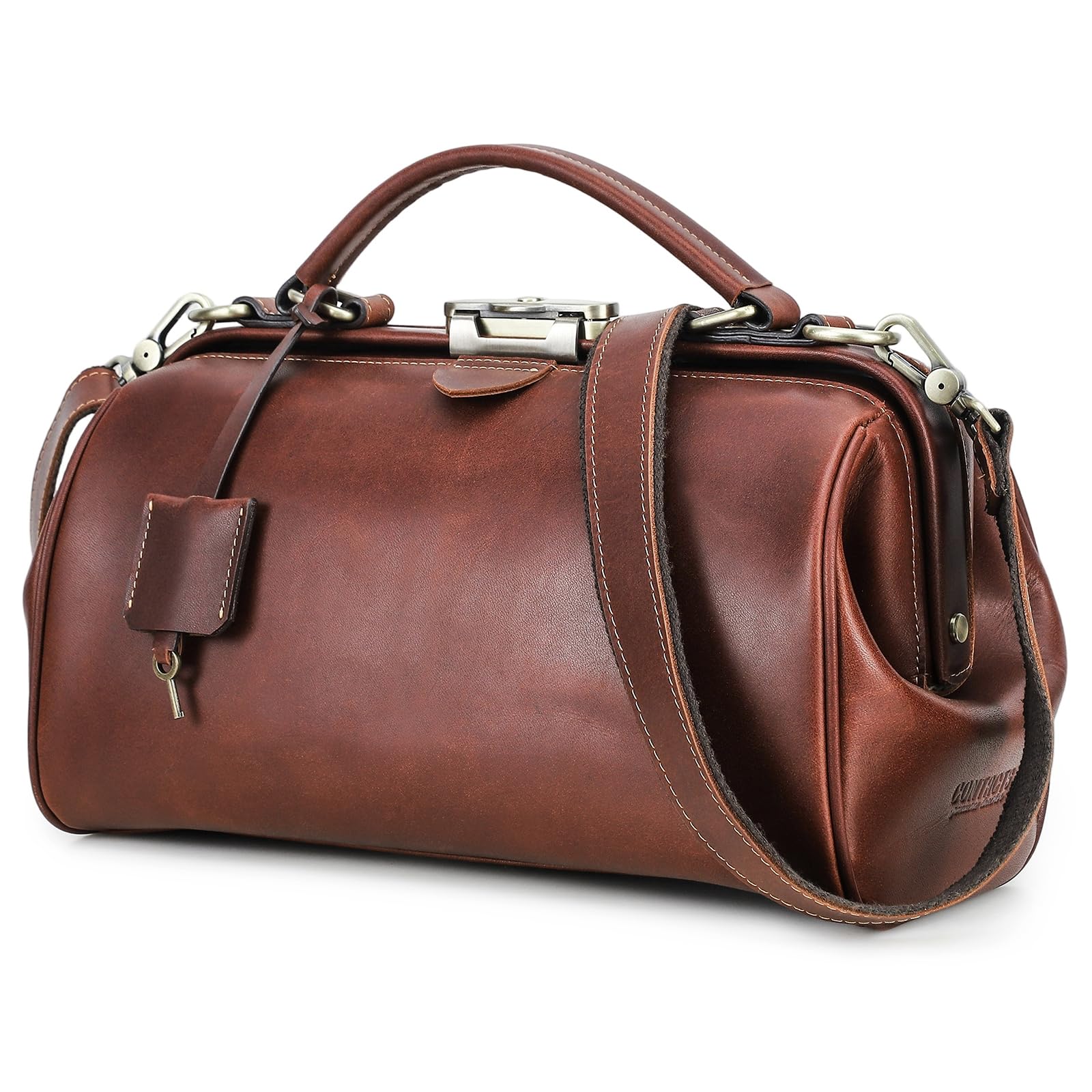 STILORD Casey Vintage Handtas Leer Dames Heren Dokterstas Echt Leren Schoudertas Retro Tas Crossbody Bag met Frame Sluiting Uniek Kleur:kara - cognac