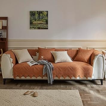 Thick Funny Fuzzy Sofa Covers 1 2 3 Seater, Non-Slip Sofa Slipcovers Corner L Shape Sofa Cover, Cotton Quilted Universal Sofa Cushion Covers for Living Room Furniture Protector(Orange,70x180cm)