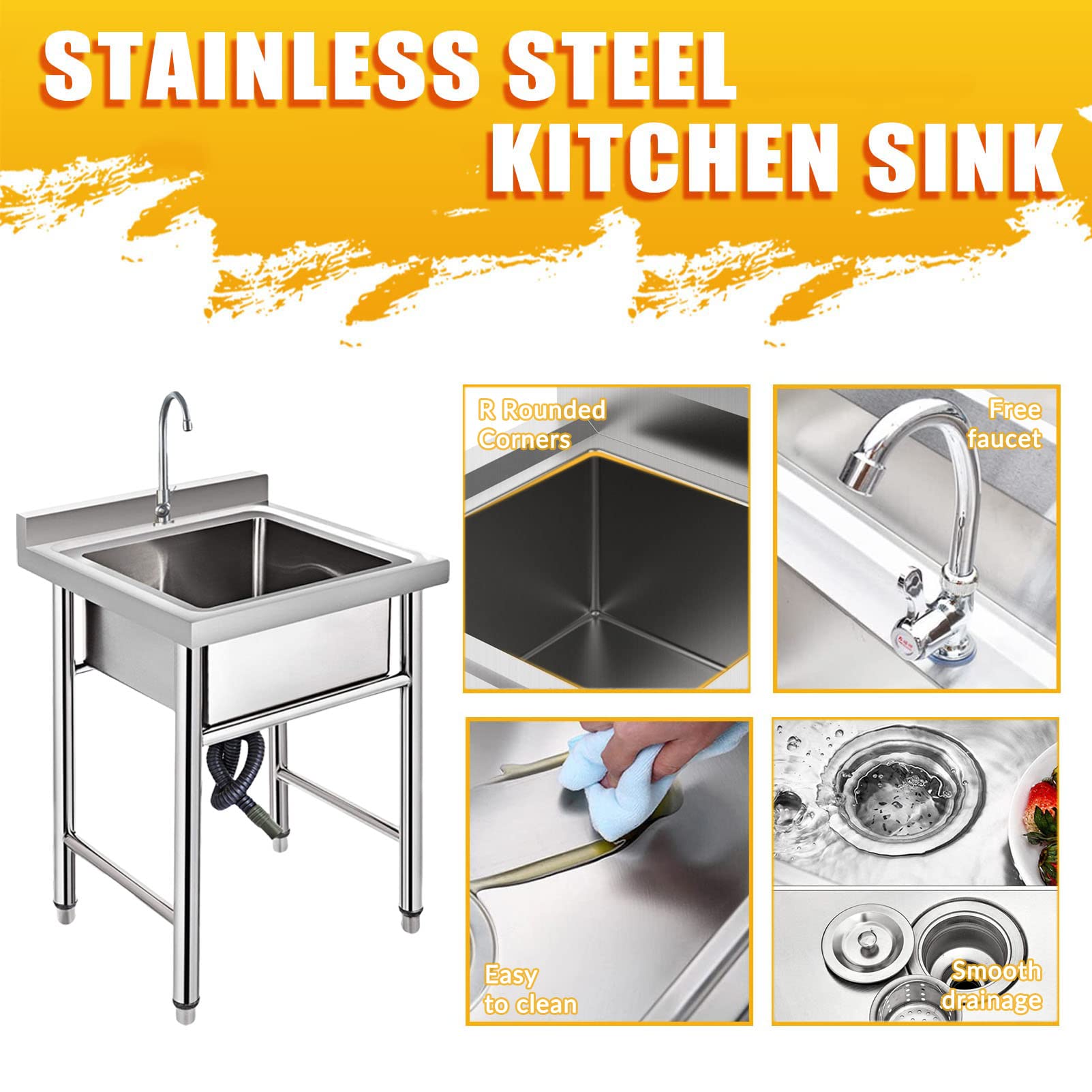 Gewerbe-Spülbecken mit einem Becken aus Edelstahl 304, inklusive Abtropfset, für Bars, Restaurants und mehr.