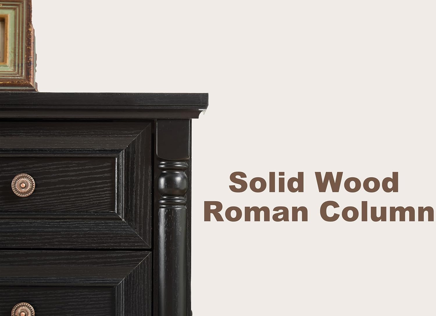 Modern Nightstand Set of 2 with Charging Station, 3 Drawer Bedside Tables Set with Roman Column Design, Wood End Tables Set of 2 for Bedroom, Black