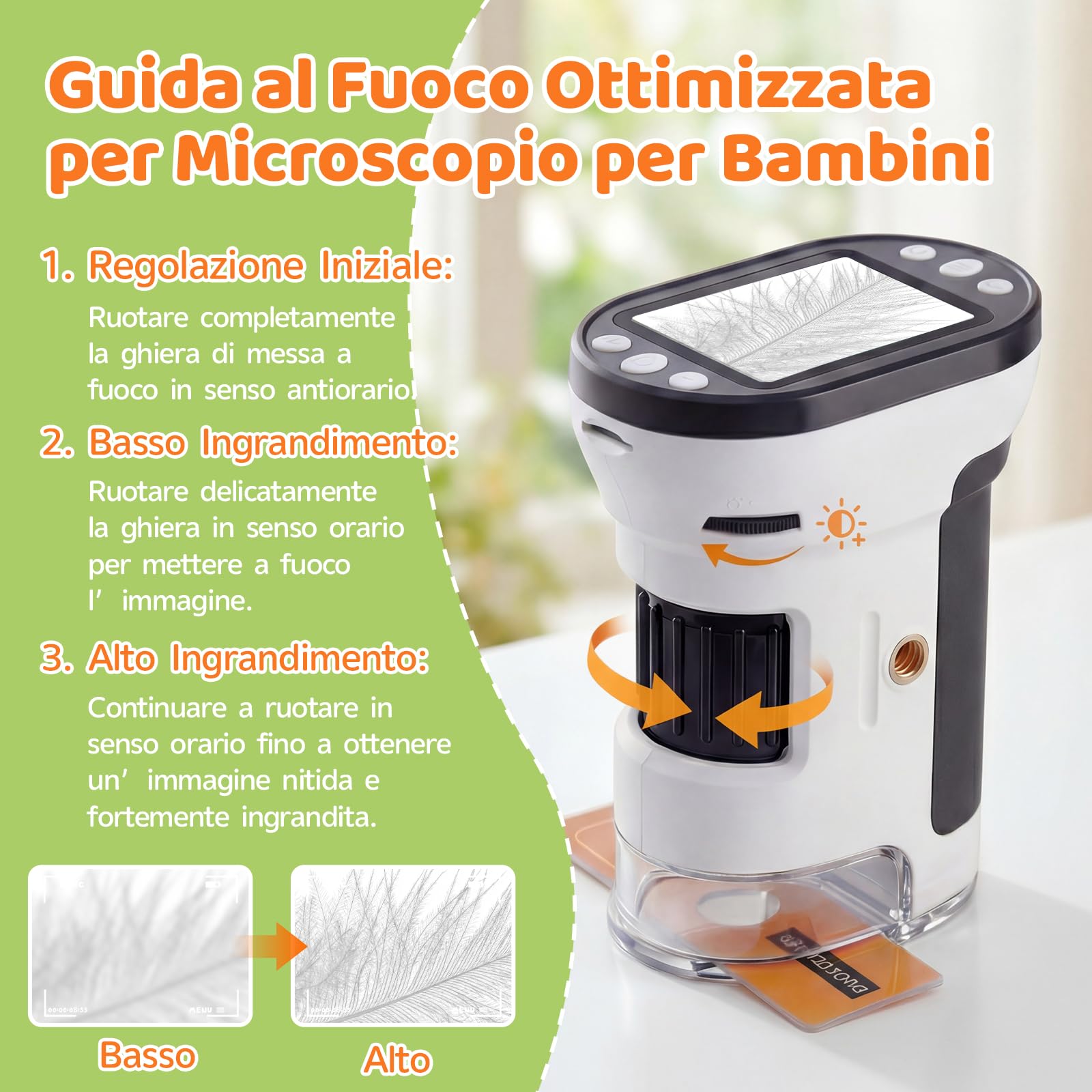 200x-1000x Microscopio Bambini, IPS 2.0"Microscopio Portatile, Con Treppiede Mini Scheda Micro SD da 16 GB, Regalo 4-12 Anni Bambino Bambina
