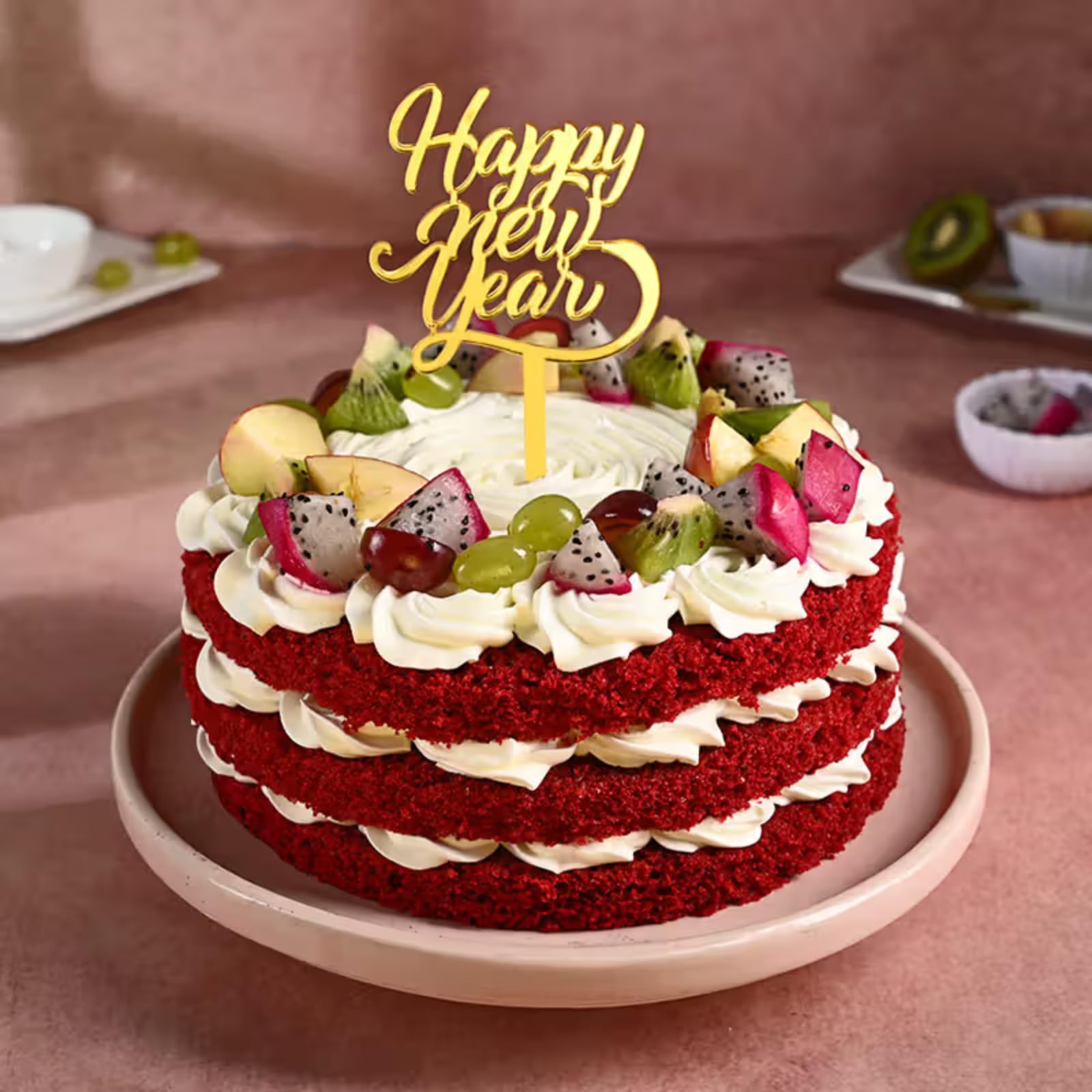 Floweraura New Year Special Fresh Yummy New Year Fruity Red Velvet Cake With Topper | New Year Celebration Cake | 2025 Celebrations Cake | New Year's Eve Cake | Party Cake (Same Day Delivery) (0.5Kg)-image-42