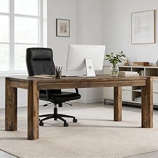 63" Solid Wood Executive Desk, Farmhouse Home Office Computer Desk,Large Simple Study Writing Table Business Workstation for Office, Wood Legs, Vintage Brown