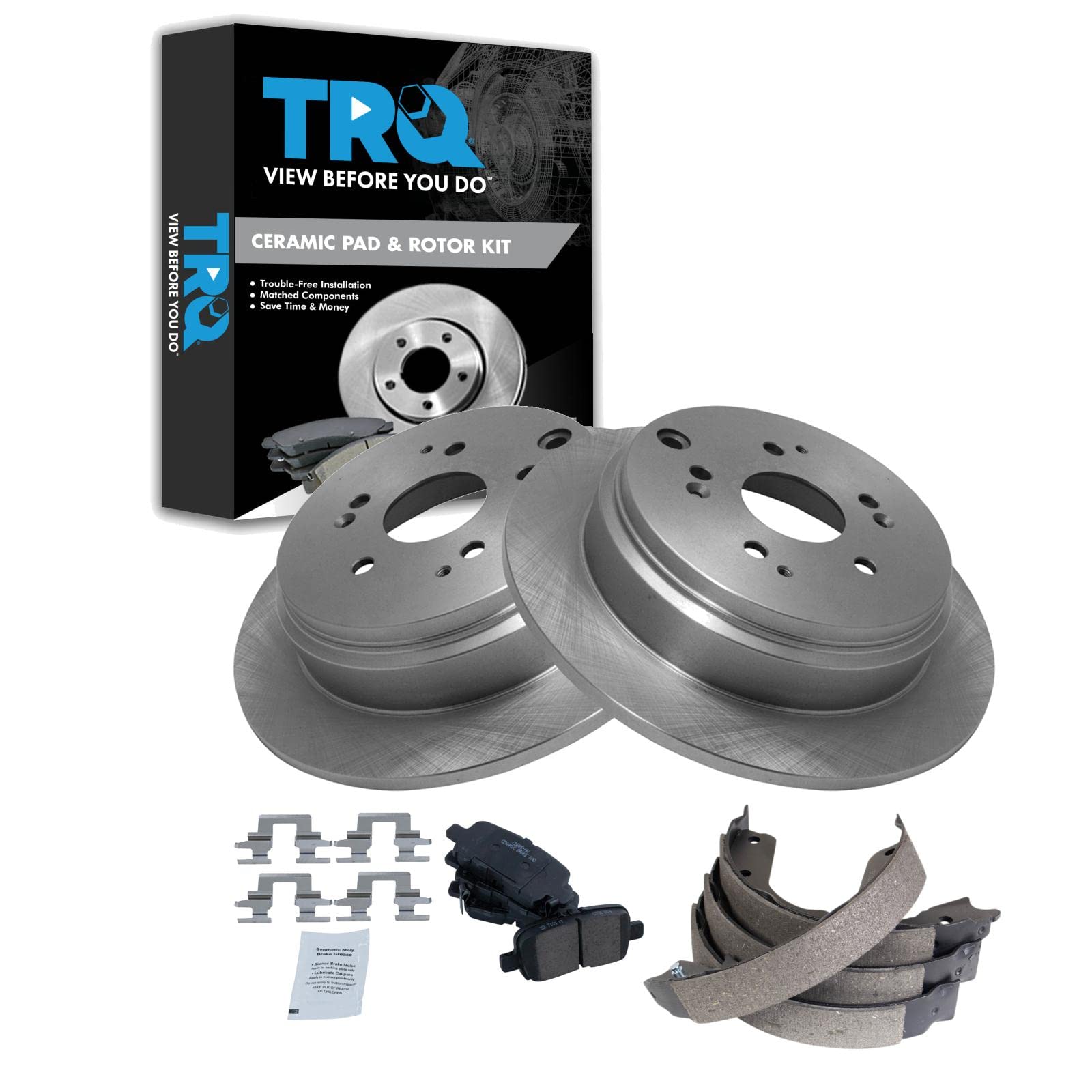 TRQ Rear Brake Pad and Rotor Set Ceramic Rotors Parking Shoe Compatible with 2004 Honda Odyssey