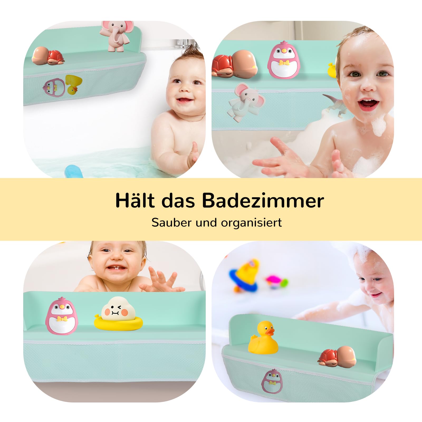 Badewanne Spritzschutz mit Badewannenspielzeug Aufbewahrungstasche, Silikon Kinder Spielzeug Badewannenablage, Saugnäpfe Organizer Badezimmertablett, Badewannenbrett mit Badespielzeug Aufbewahrung (A)