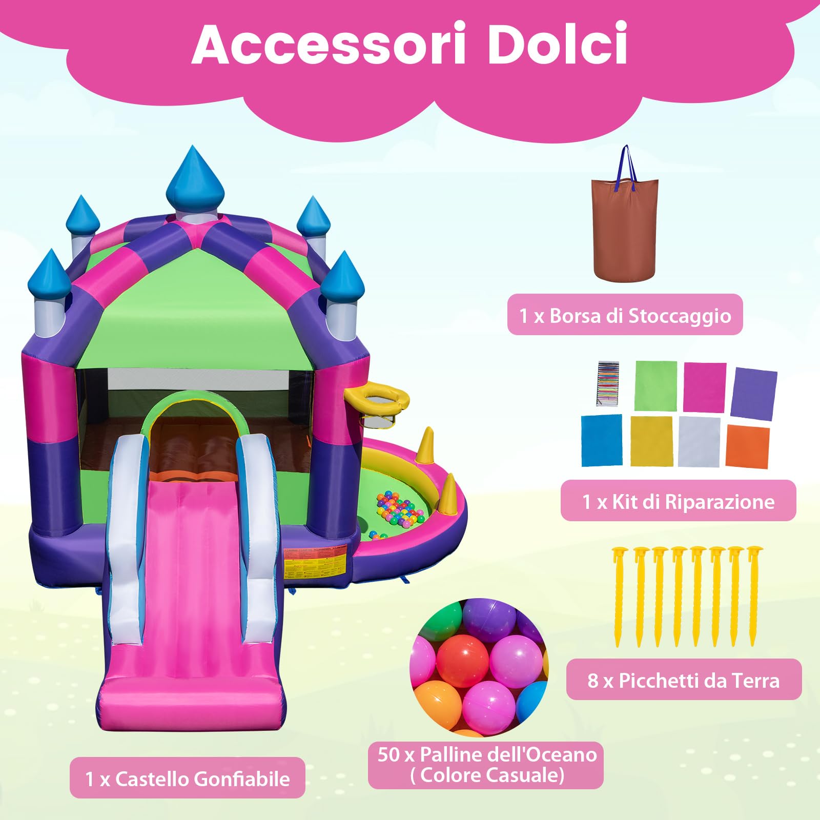 COSTWAY Castello Gonfiabile con Tettuccio, Casa Gonfiabile con Scivolo, Trampolino e Canestro da Basket, per 2 Bambini di 3-10 Anni, 385 x 332,5 x 300 cm
