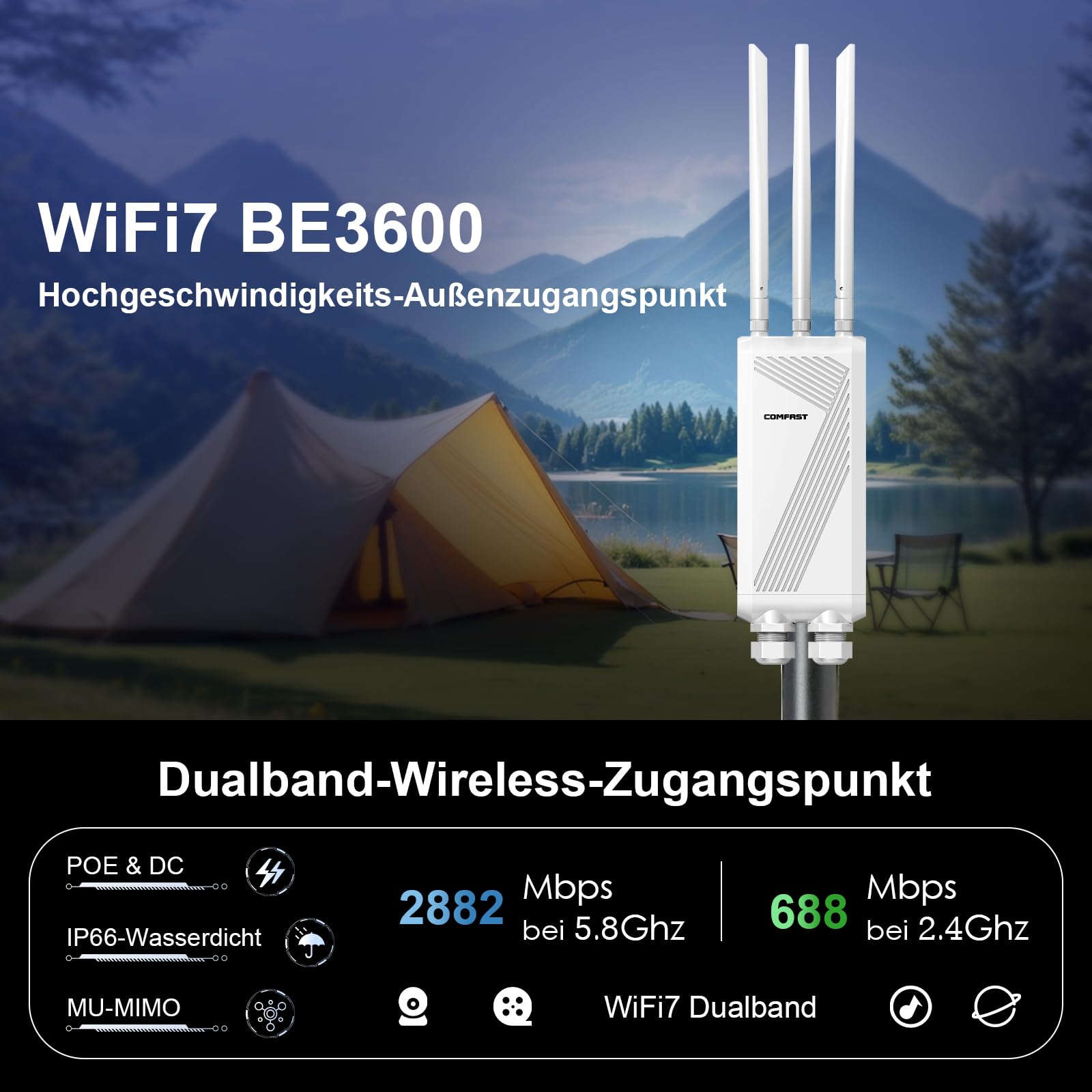 COMFAST Outdoor WLAN Access Point, WiFi 7 3600 Mbit/s Outdoor WLAN Repeater Dualband mit 3 abnehmbaren Antennen, 3 Gigabit-Ethernet-Ports, 48V PoE & 12V DC, MU-MIMO, IP66, Router/AP/Repeater Modus