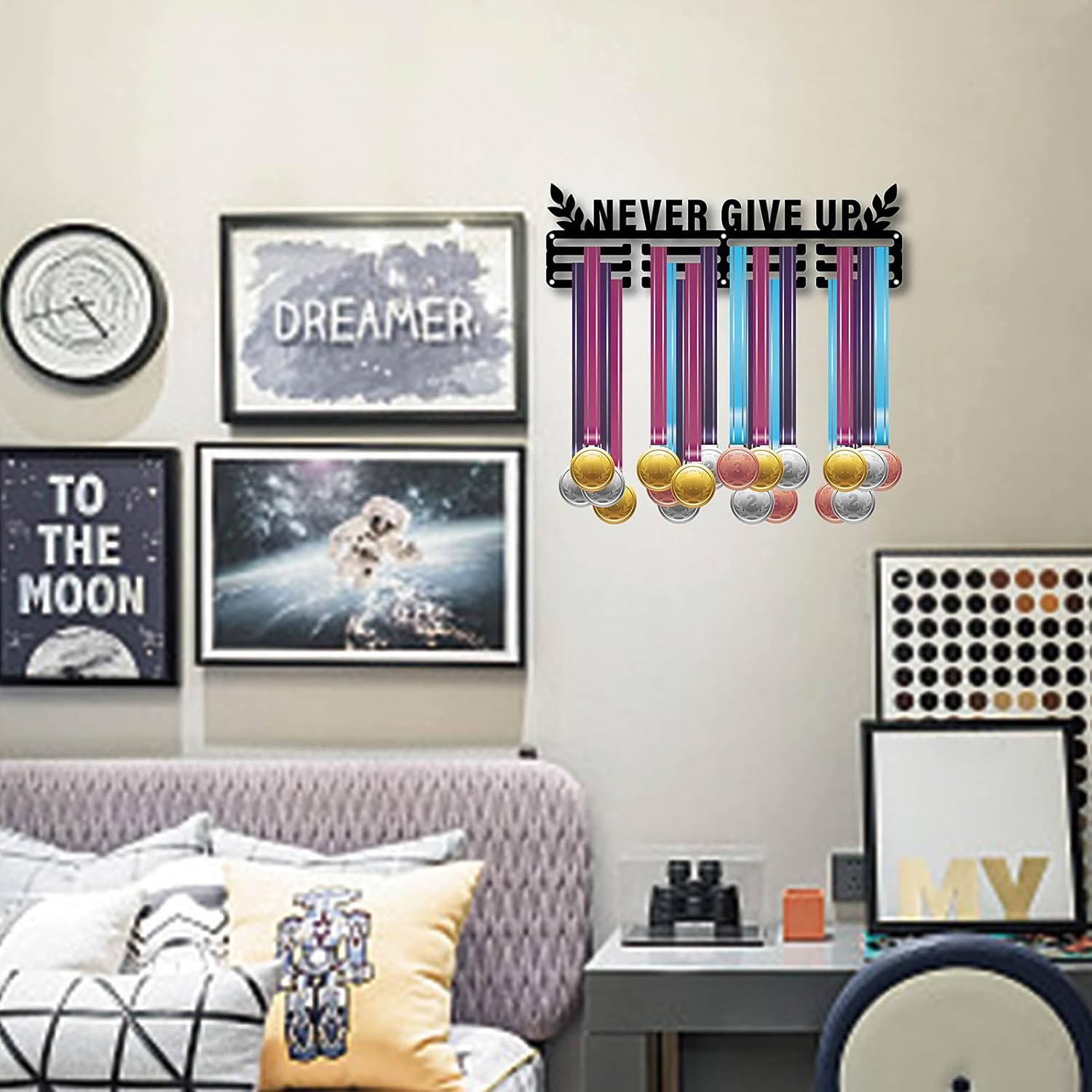 CREATCABIN Never Give Up Medal Holder Hanger Trophy Display Rack Frame Awards Wall Mounteed Sturdy Black Steel Metal 3 Lines for All Sports Running Basketball Swimming Marathon Soccer Over 60 Medals