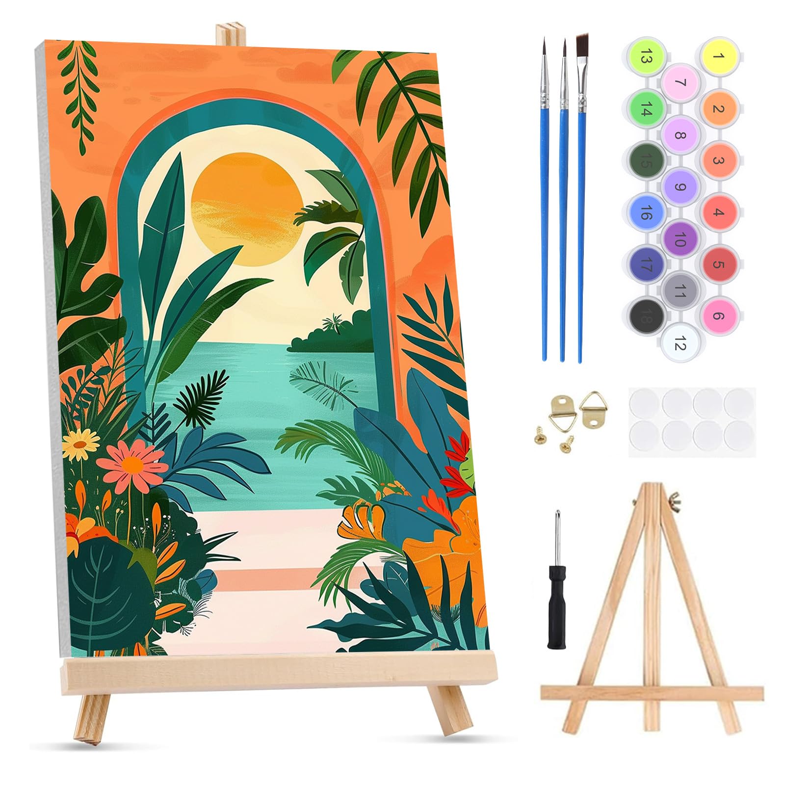 QENSPE Paint by Numbers for Adults on Framed Canvas - with Wooden Easel, Plants Painting by Number Kit for Beginners, DIY Sun Acrylic Oil Painting for Home Wall Decor 8x12 Inch