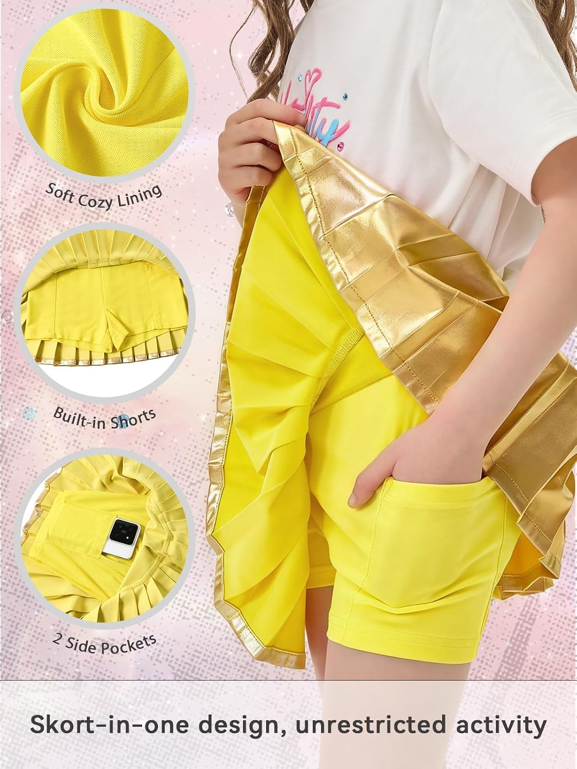 Miipat Girls Metallic Pleated Skirt Sparkly Dance Skirt Elastic Waist Kids Shiny Tennis Skort with Pockets