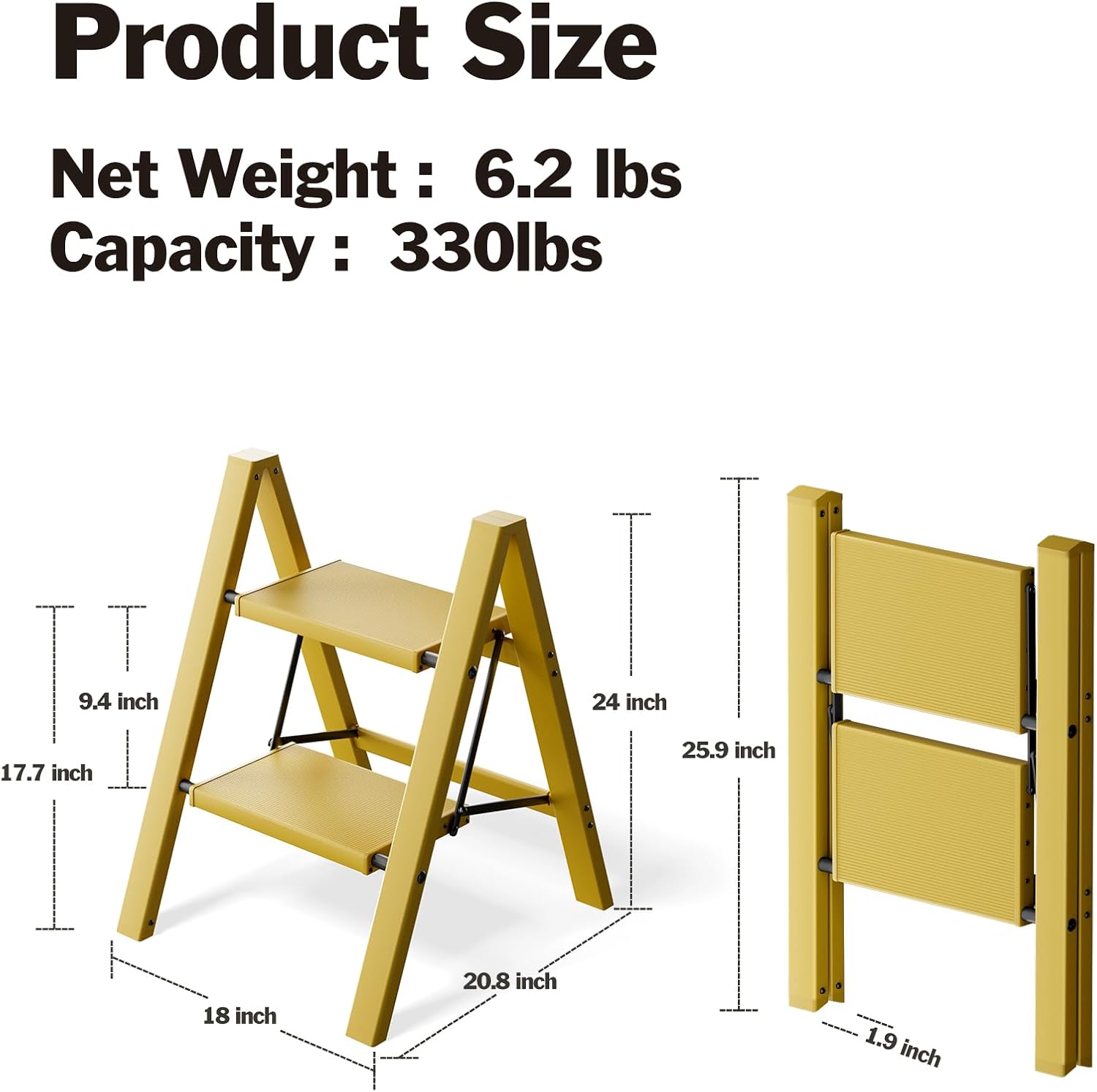 2 Step Ladder, Aluminum Lightweight Folding 2 Step Stool with Anti-Slip Wide Pedal,330lbs Capacity Steel Ladder for Household and Office(Soft Dusk Yellow) Yellow 2 Step