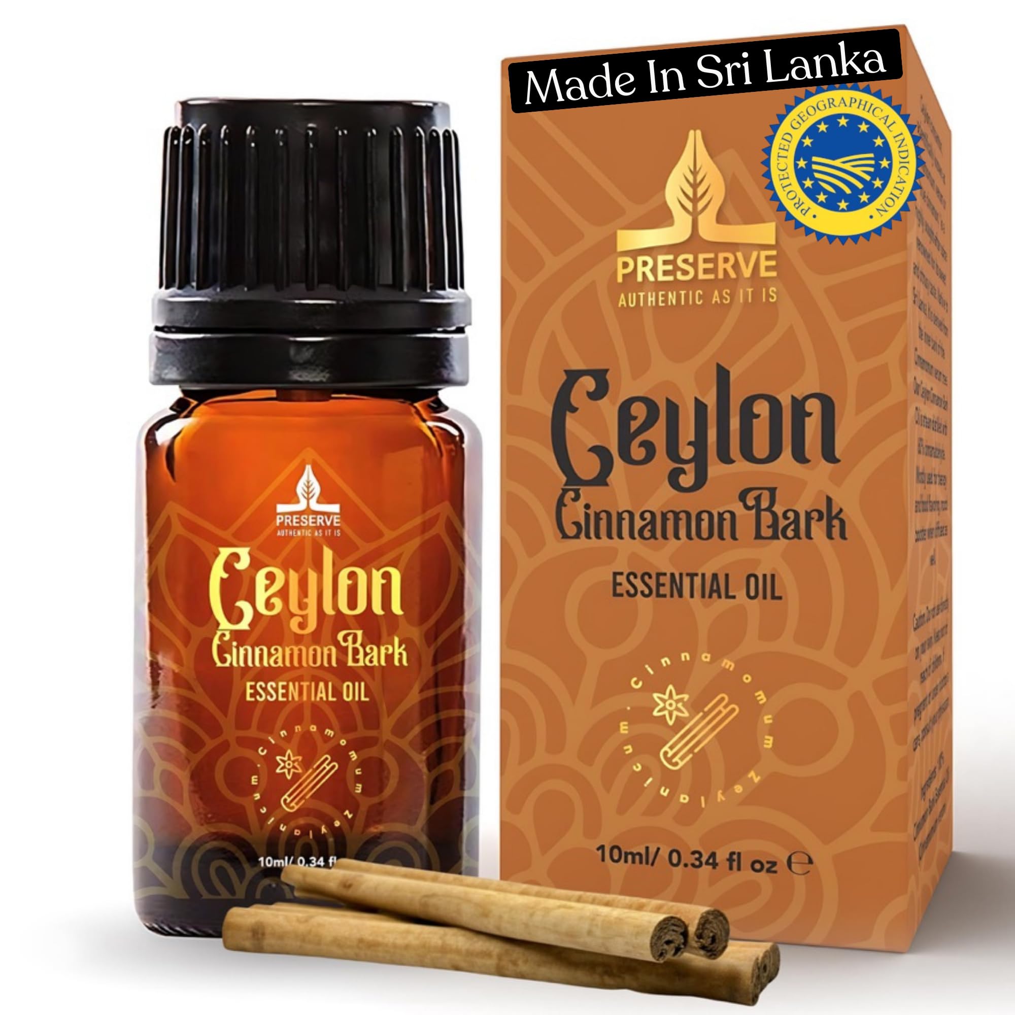 Pure Ceylon Cinnamon Bark Essential Oil, GI Certified G2/76/340, 100% Ceylon True Cinnamon Extract Oil, Undiluted Therapeutic Grade for Diffuser, Food Grade, 10ml (0.34oz)