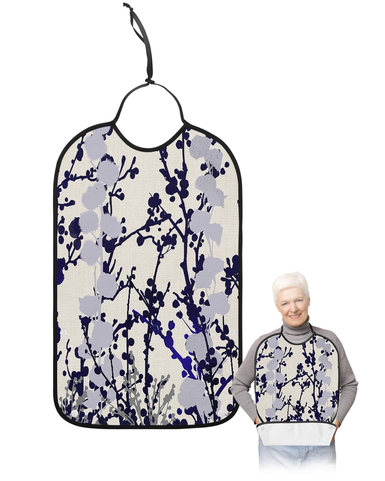 Adult Bibs for Elderly Women - Blakc Grey Blue Branches Waterproof Dining Clothing Protectors with Crumb Catcher for Eating/Feeding, Watercolor Botanical Rustic Abstract Terry Cloth Bib Washable