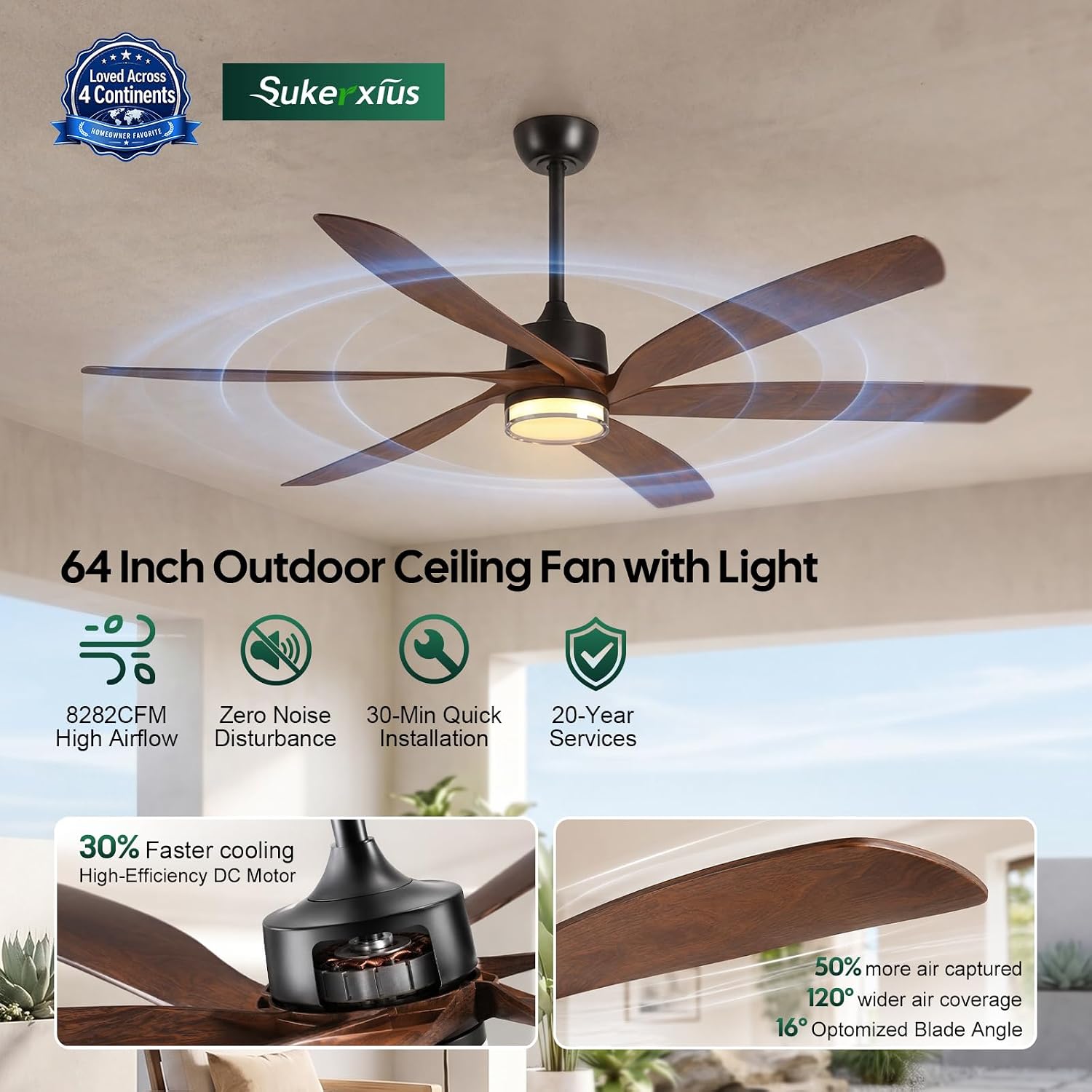 64 inch Smart Outdoor Ceiling Fan with Light for Patio, 6 Blades 8282 CFM Large Airflow, Alexa/APP/Remote Control, ETL Listed Quiet Reversible DC Motor, for Indoor Covered Gazebo Farmhouse, Brown