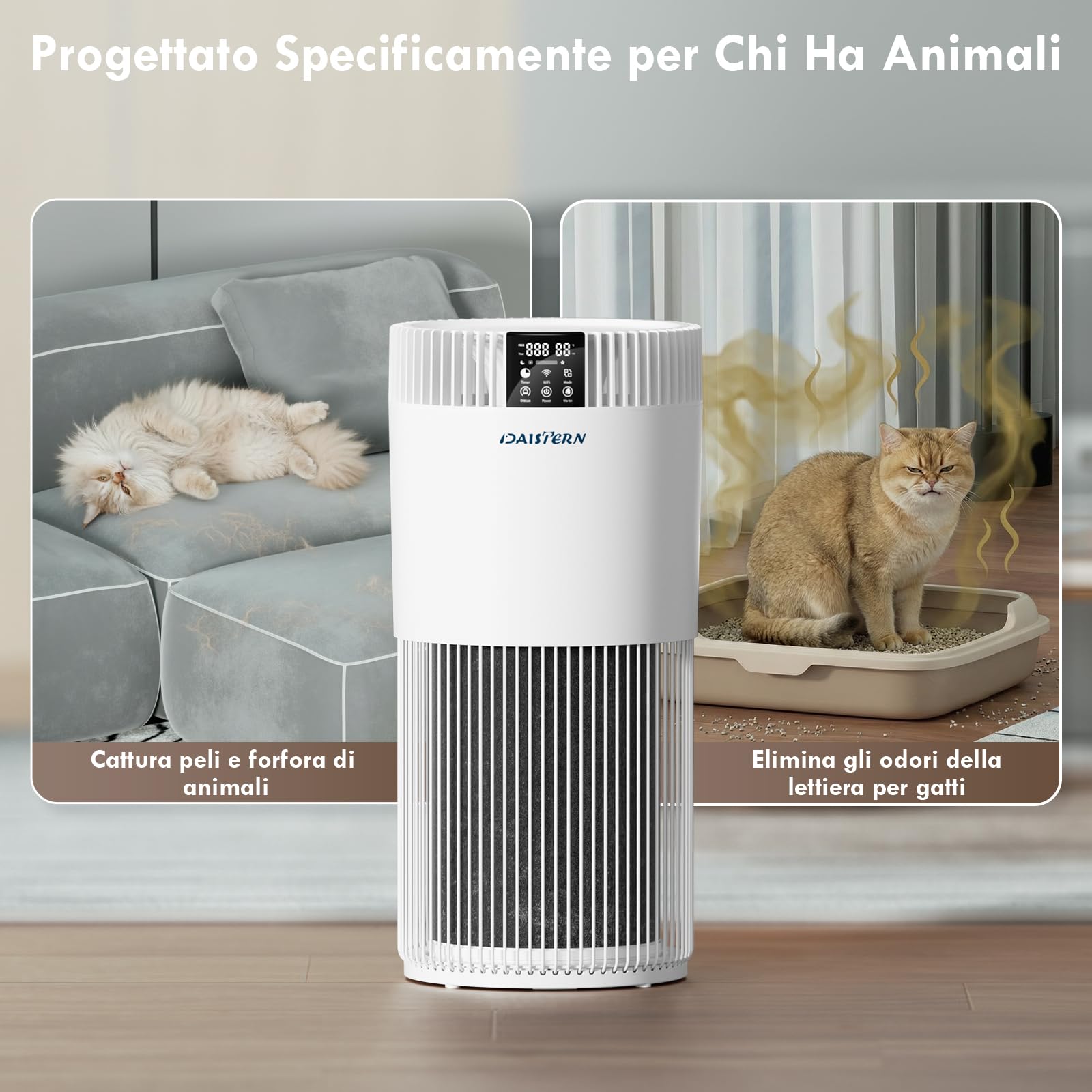 Purificatore d'Aria Intelligente per Animali Domestici 78m² | Filtro HEPA13, 99,97% Peli Acari Polveri Pollini Odori Formaldeide , Funzione Ioni Negativi per Camera Soggiorno