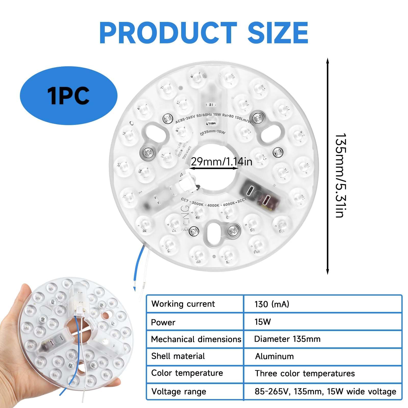 Kit de Recambio Luz LED 15W para Ventilador de Techo 5.3, Panel Redondo 3CCT 3000/4200/6500K con Memoria, Base de Aluminio 85–265V, Repuesto Universal para Modernizar Lámparas y Ventiladores