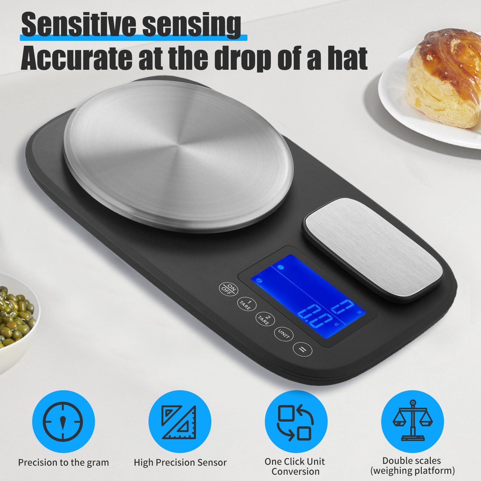 Báscula de cocina con plataforma dual, báscula precisa (10 kg y 1 kg), pantalla retroiluminada en azul, báscula digital para cocinar y hornear