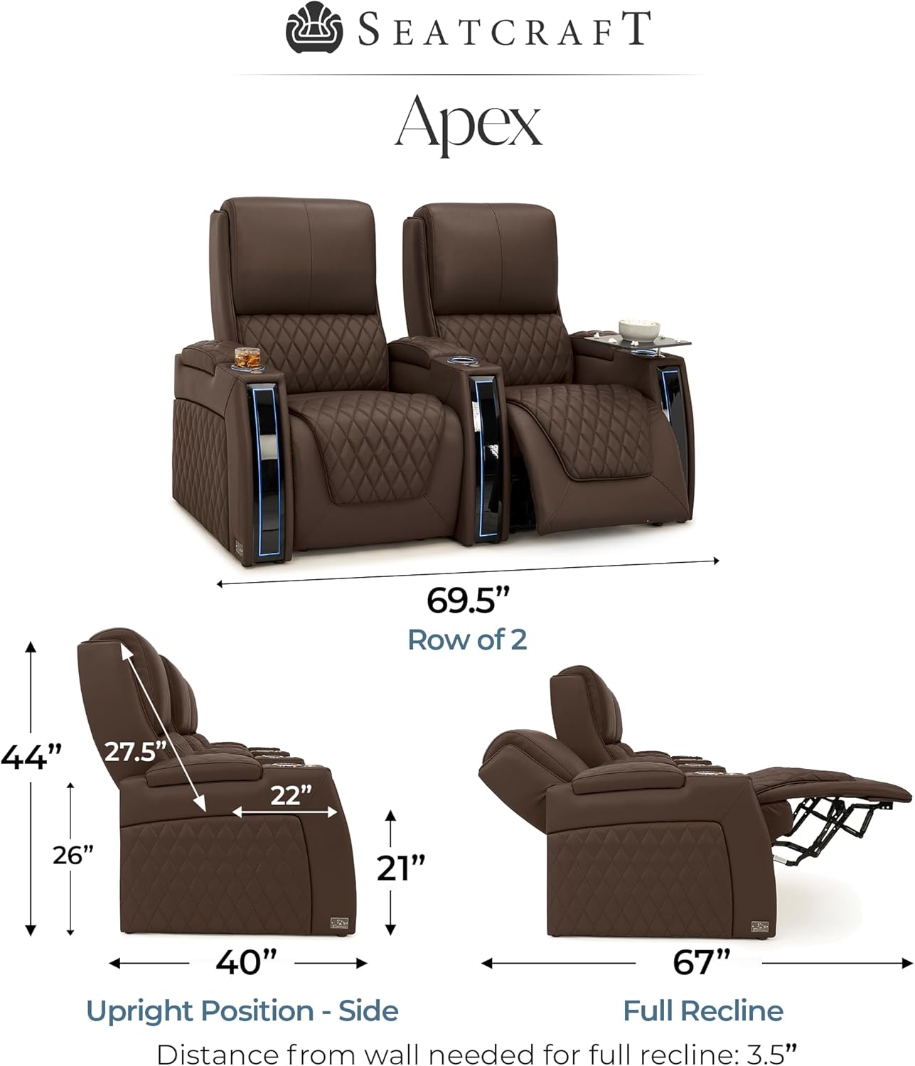 Seatcraft Apex Home Theater Seating, Living Room, Powered Headrest, Powered Lumbar, Powered Recline, Italian Leather, USB Charging, Row of 2, Brown