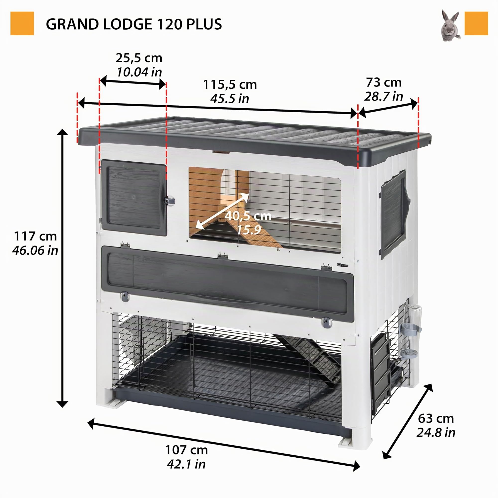 Ferplast Conejera de Exterior de Dos Pisos Grand Lodge 120 Plus, Conejillos de Indias, Jaula para Conejos, Resistente Resina termoplástica, Accesorios incluidos, 115,5 x 73 x h 117 cm Gris