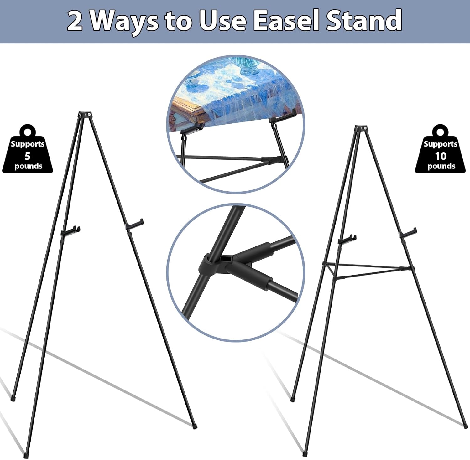 Easel Stand for Sign Picture Stands for Display, Photo Stand Floor Standing Tripod Black Easel with Support Rods, Welcome Board Stand for Wedding, Poster, 6 Packs