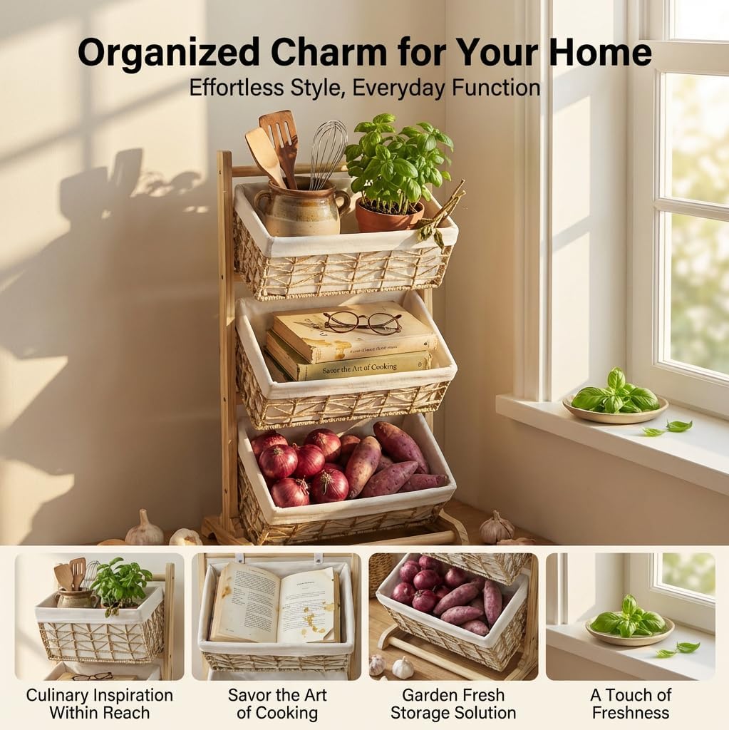 3-Tier basket stand Woven Floor Shelf Stackable Baskets, Multi-story wicker Storage Organizer,Multipurpose Rattan Rack for Bedroom Living Room Kitchen, Holds Toys Books Cans, Bohemian Home Decor